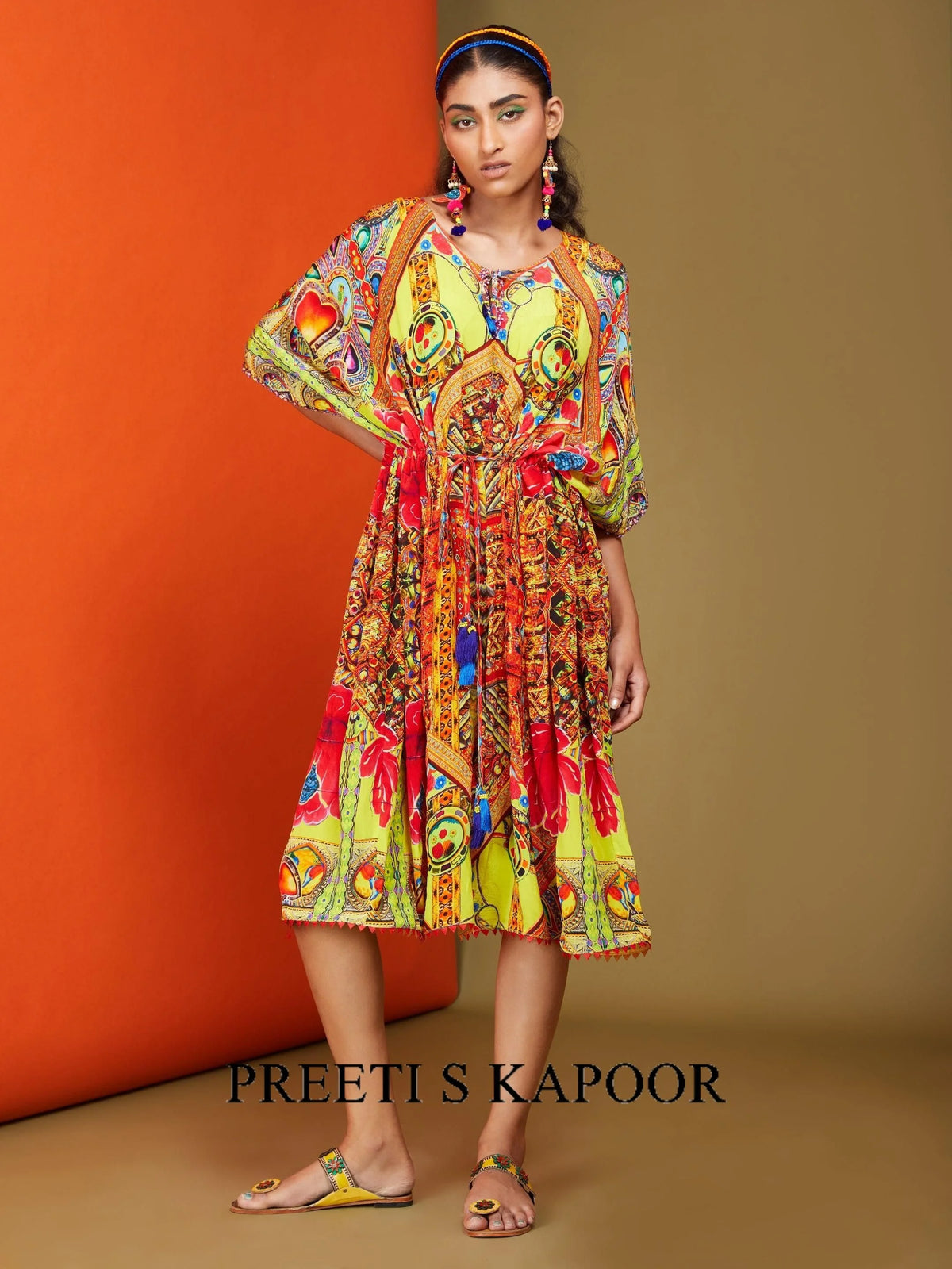 Printed Bright Yellow Front Open Long Kaftan - Preeti S Kapoor