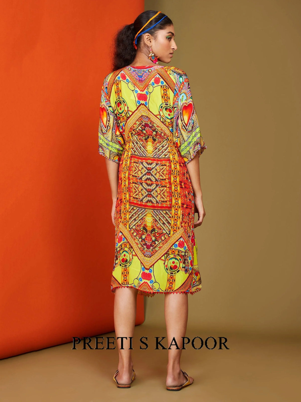 Printed Bright Yellow Front Open Long Kaftan - Preeti S Kapoor