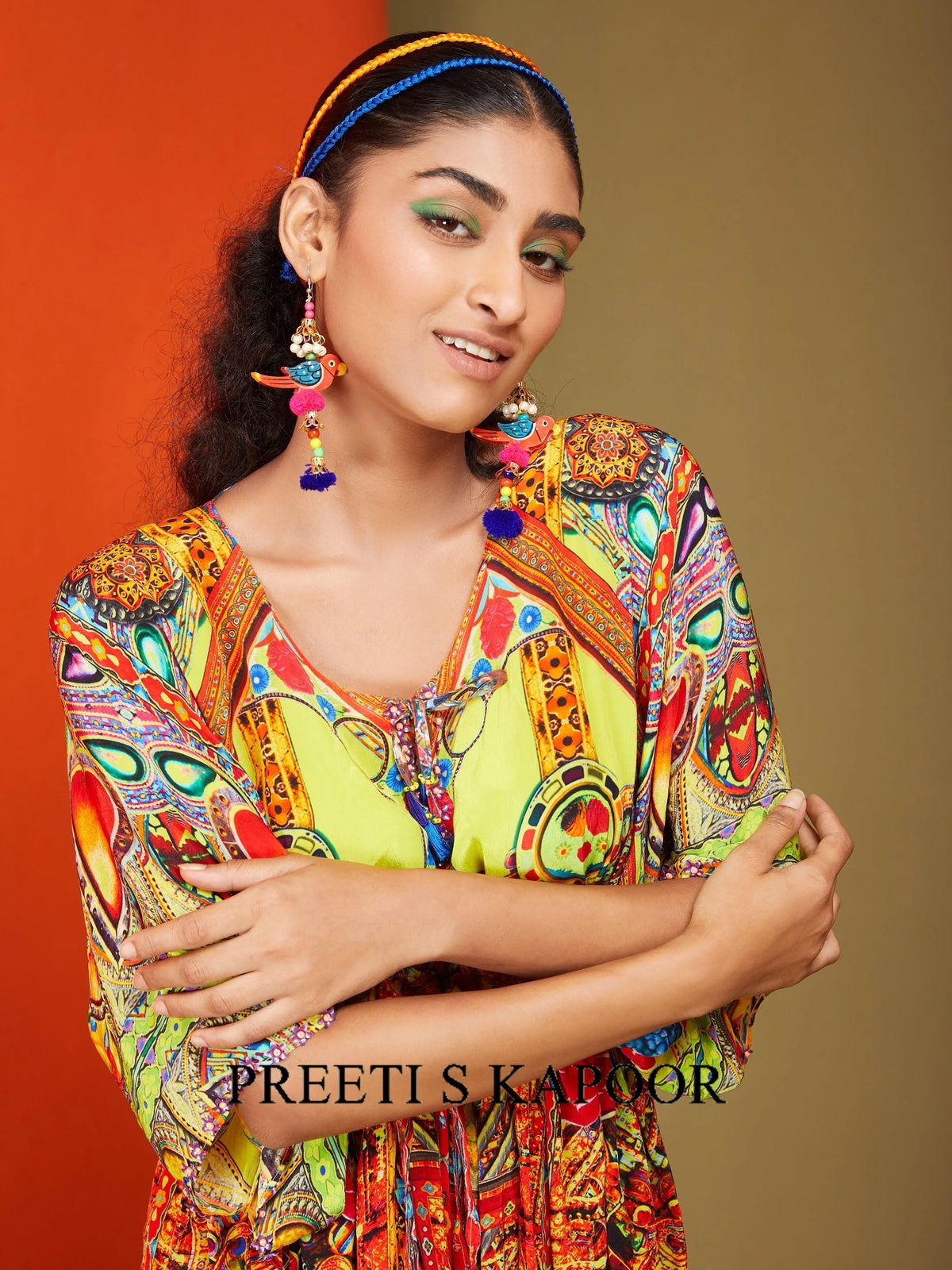 Printed Bright Yellow Front Open Long Kaftan - Preeti S Kapoor