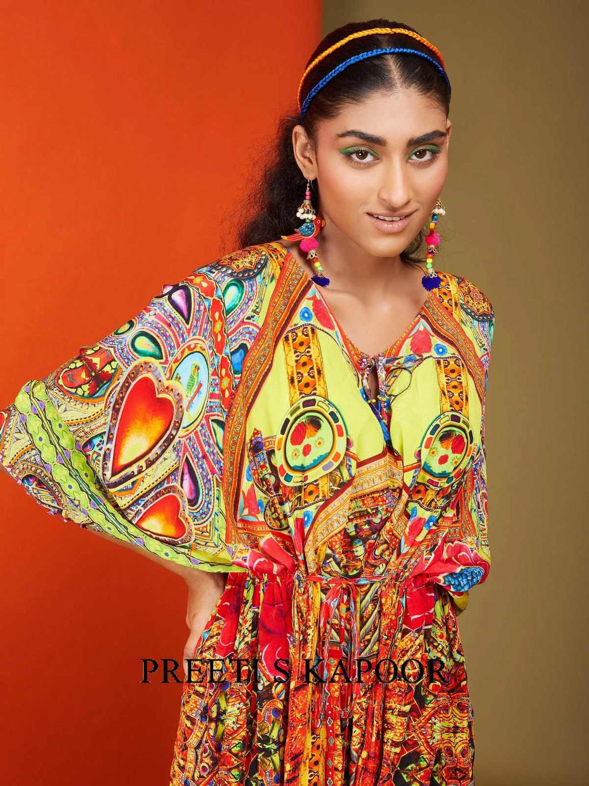 Printed Bright Yellow Front Open Long Kaftan - Preeti S Kapoor