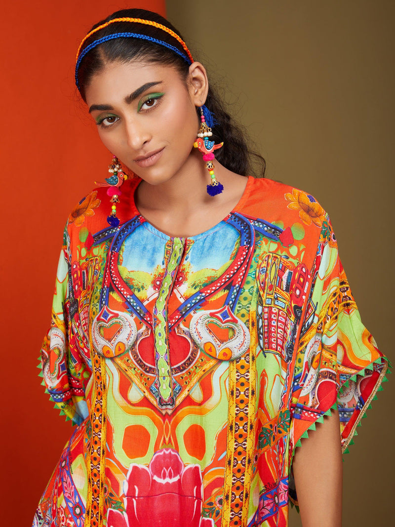 Printed Orange Front Open Long Kurta Pant Set - Preeti s kapoor