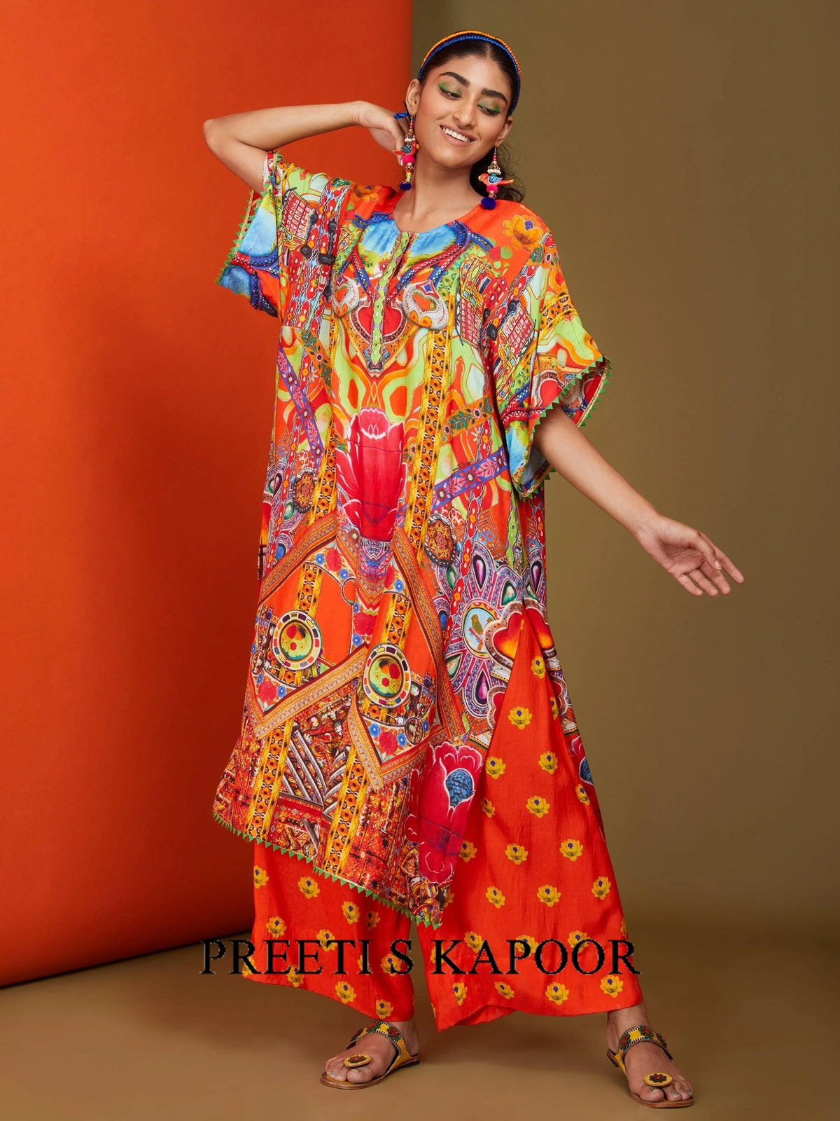 Printed Orange Front Open Long Kurta Pant Set - Preeti S Kapoor