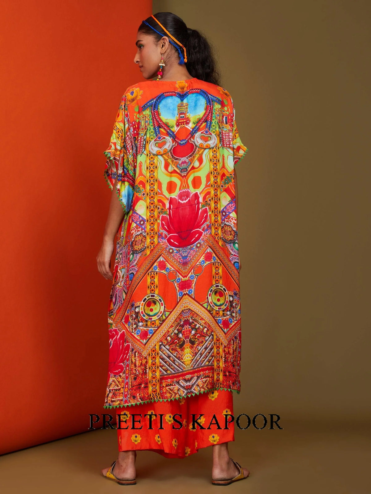 Printed Orange Front Open Long Kurta Pant Set - Preeti S Kapoor