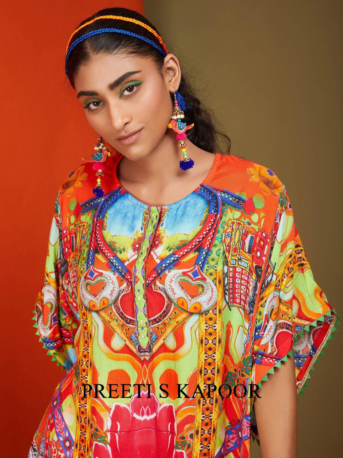 Printed Orange Front Open Long Kurta Pant Set - Preeti S Kapoor