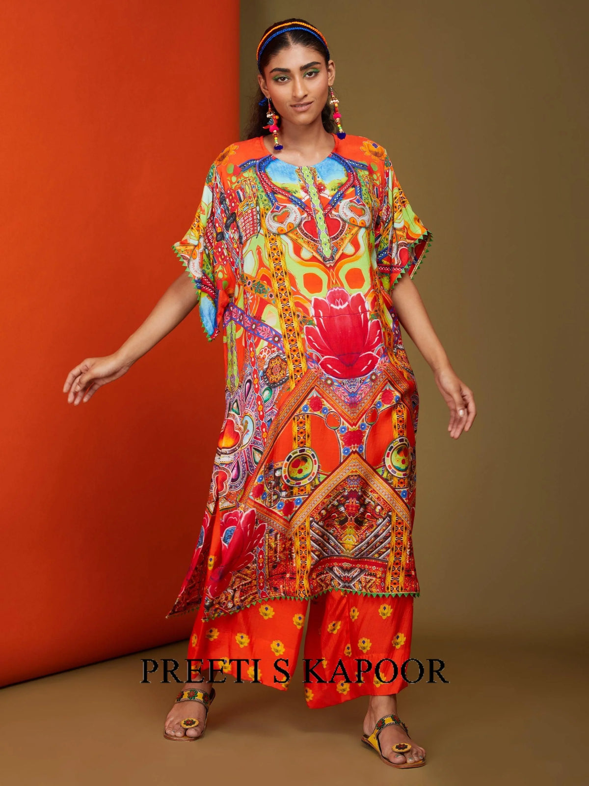 Printed Orange Front Open Long Kurta Pant Set - Preeti S Kapoor