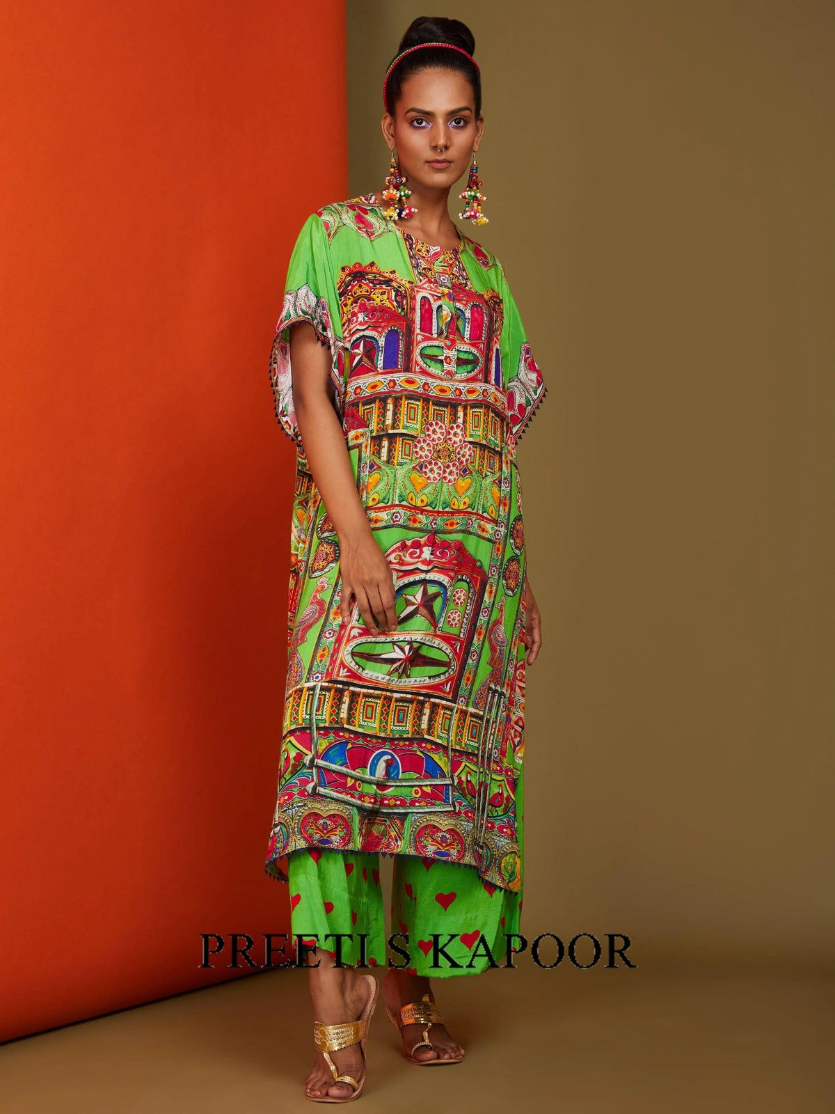 Printed Lime Green Front Open Long Kurta Pant Set - Preeti S Kapoor
