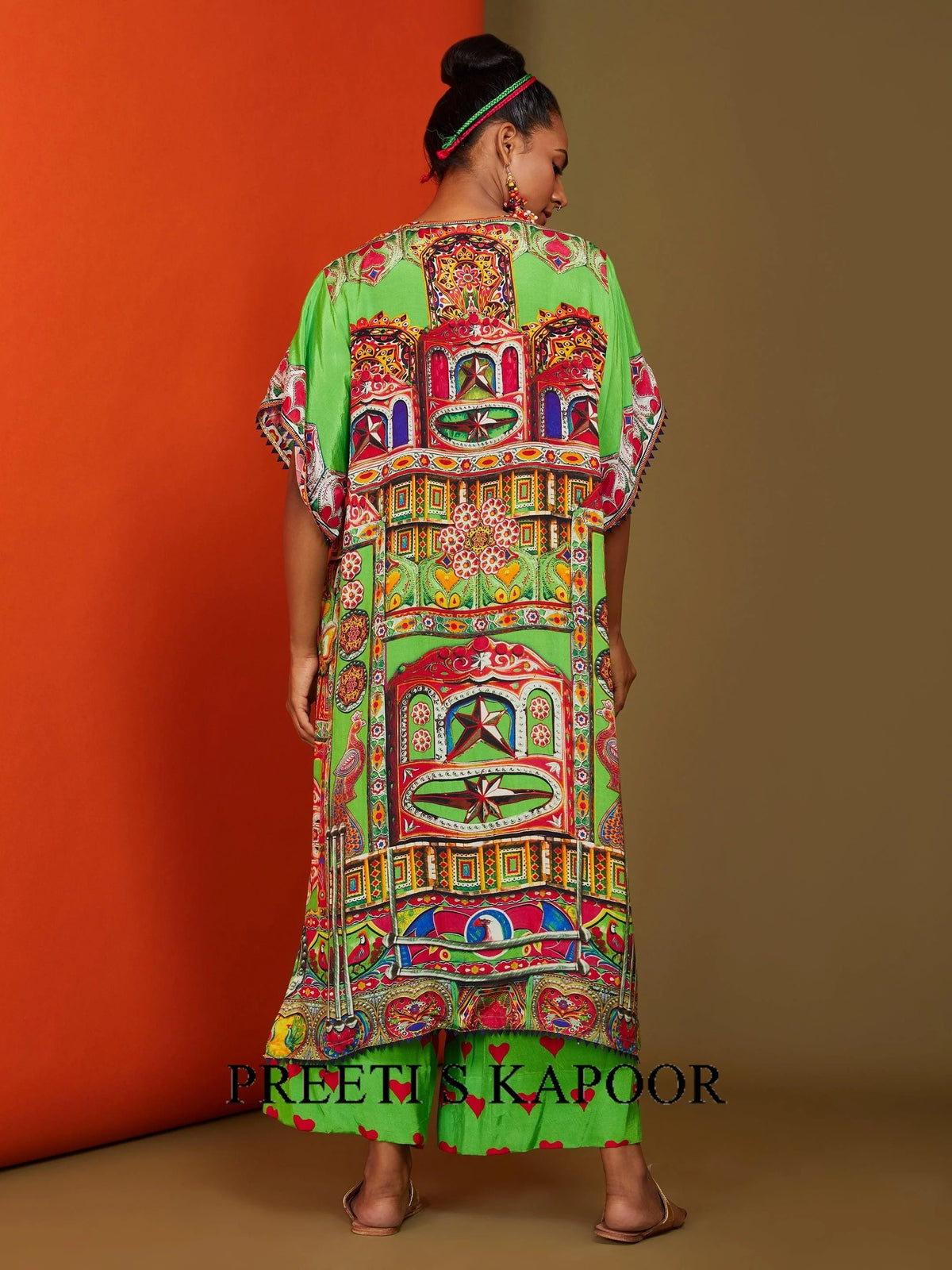 Printed Lime Green Front Open Long Kurta Pant Set - Preeti S Kapoor