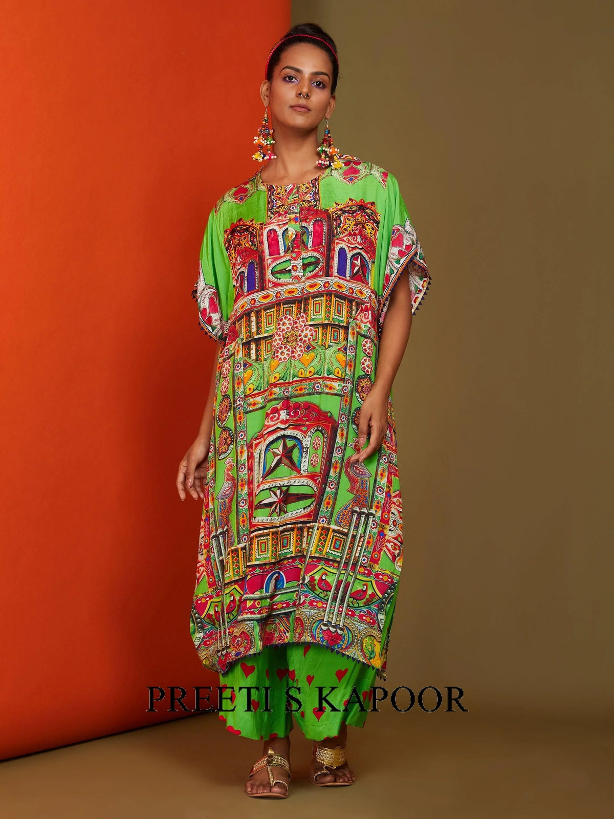Printed Lime Green Front Open Long Kurta Pant Set - Preeti S Kapoor
