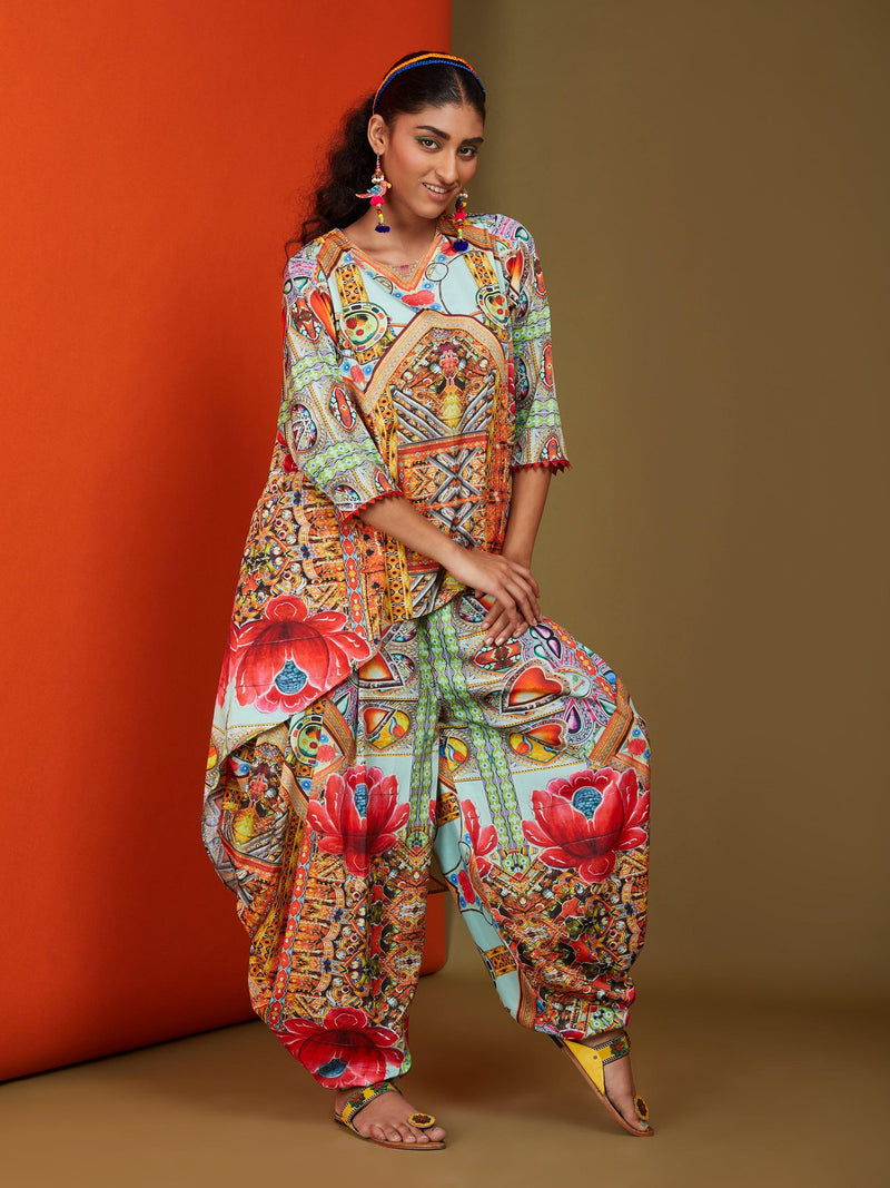 Printed Sea Green High Low-Kurta Salwar Set - Preeti s kapoor