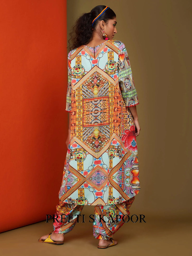 Printed Sea Green High Low-Kurta Salwar Set - Preeti S Kapoor