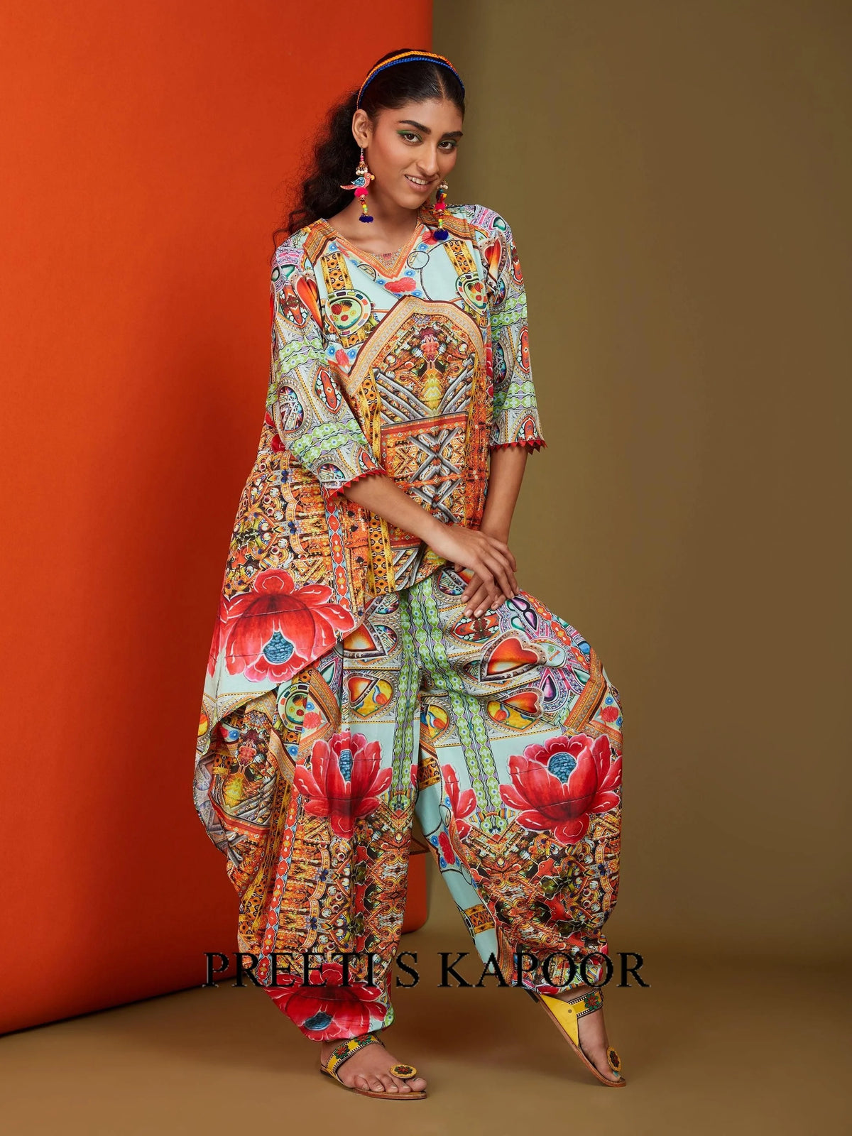 Printed Sea Green High Low-Kurta Salwar Set - Preeti S Kapoor