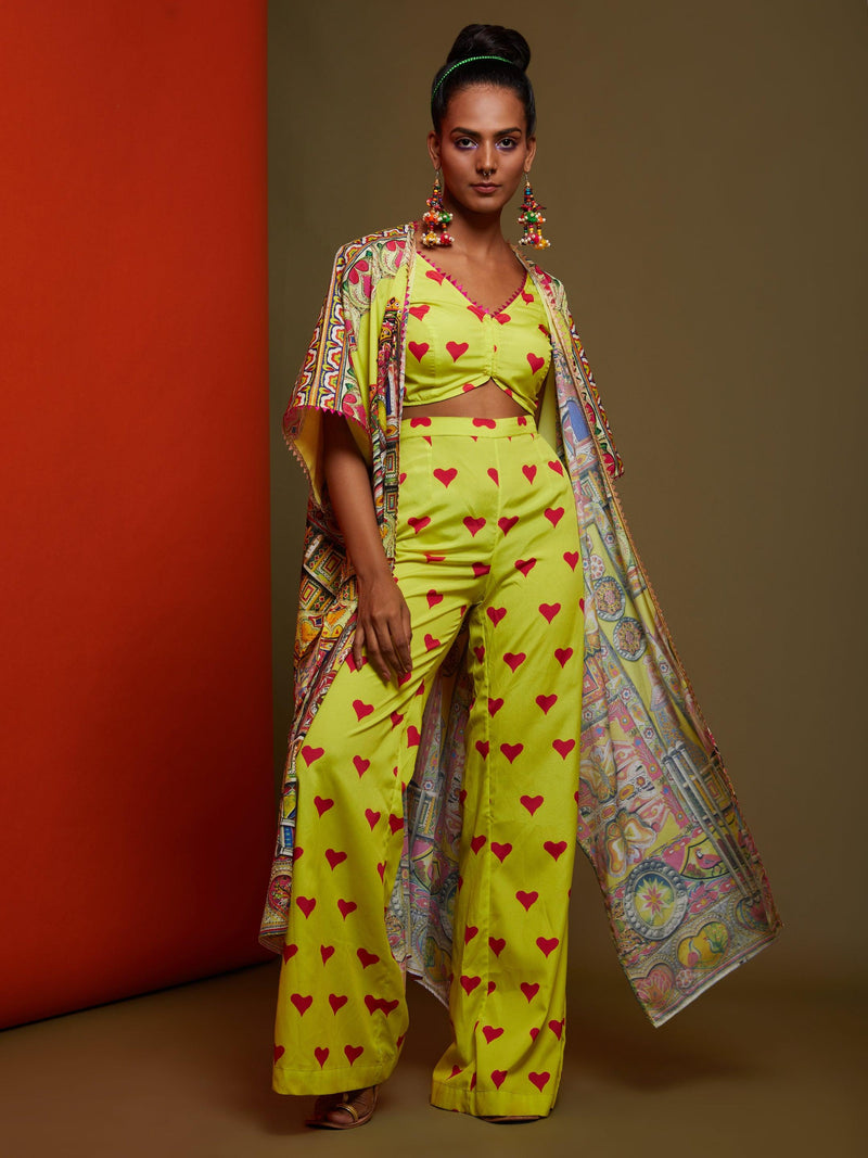 Printed Yellow Front Open Metching Top Pant & A Front Open Cape Set - Preeti s kapoor