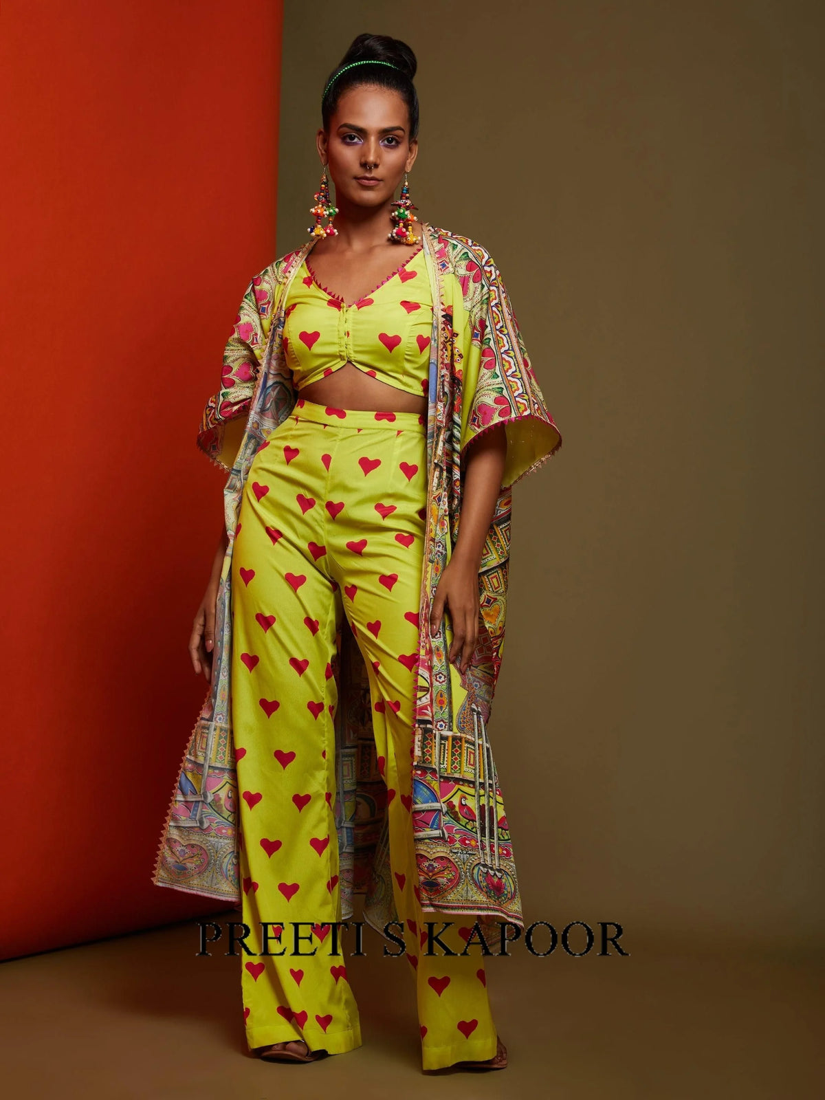 Printed Yellow Front Open Matching Top Pant & A Front Open Cape Set - Preeti S Kapoor