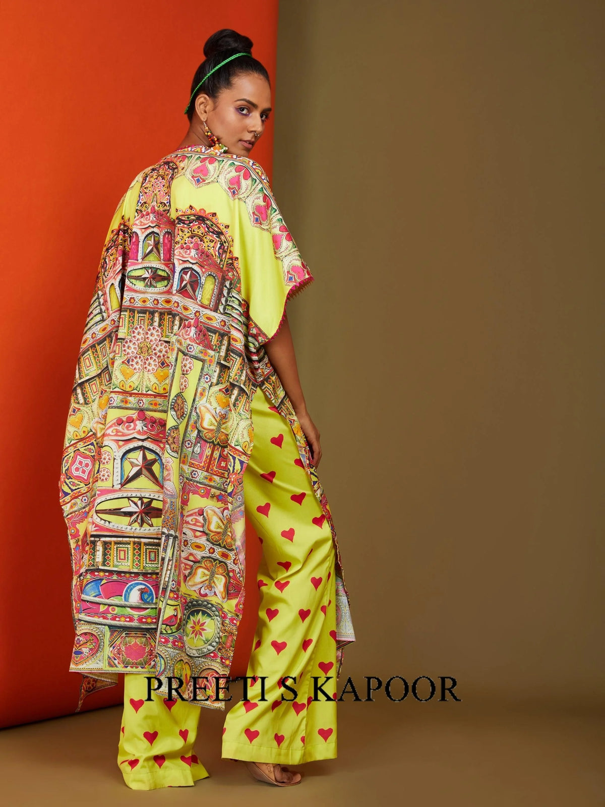 Printed Yellow Front Open Matching Top Pant & A Front Open Cape Set - Preeti S Kapoor