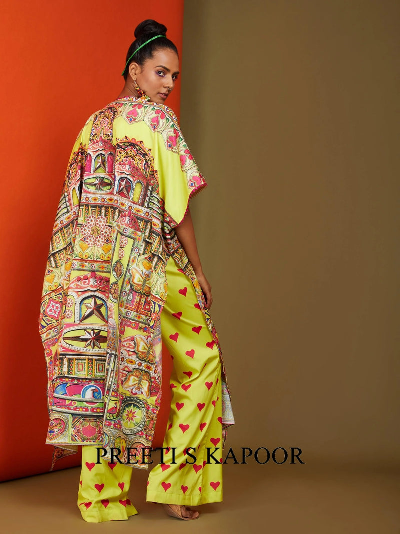Printed Yellow Front Open Matching Top Pant & A Front Open Cape Set - Preeti S Kapoor
