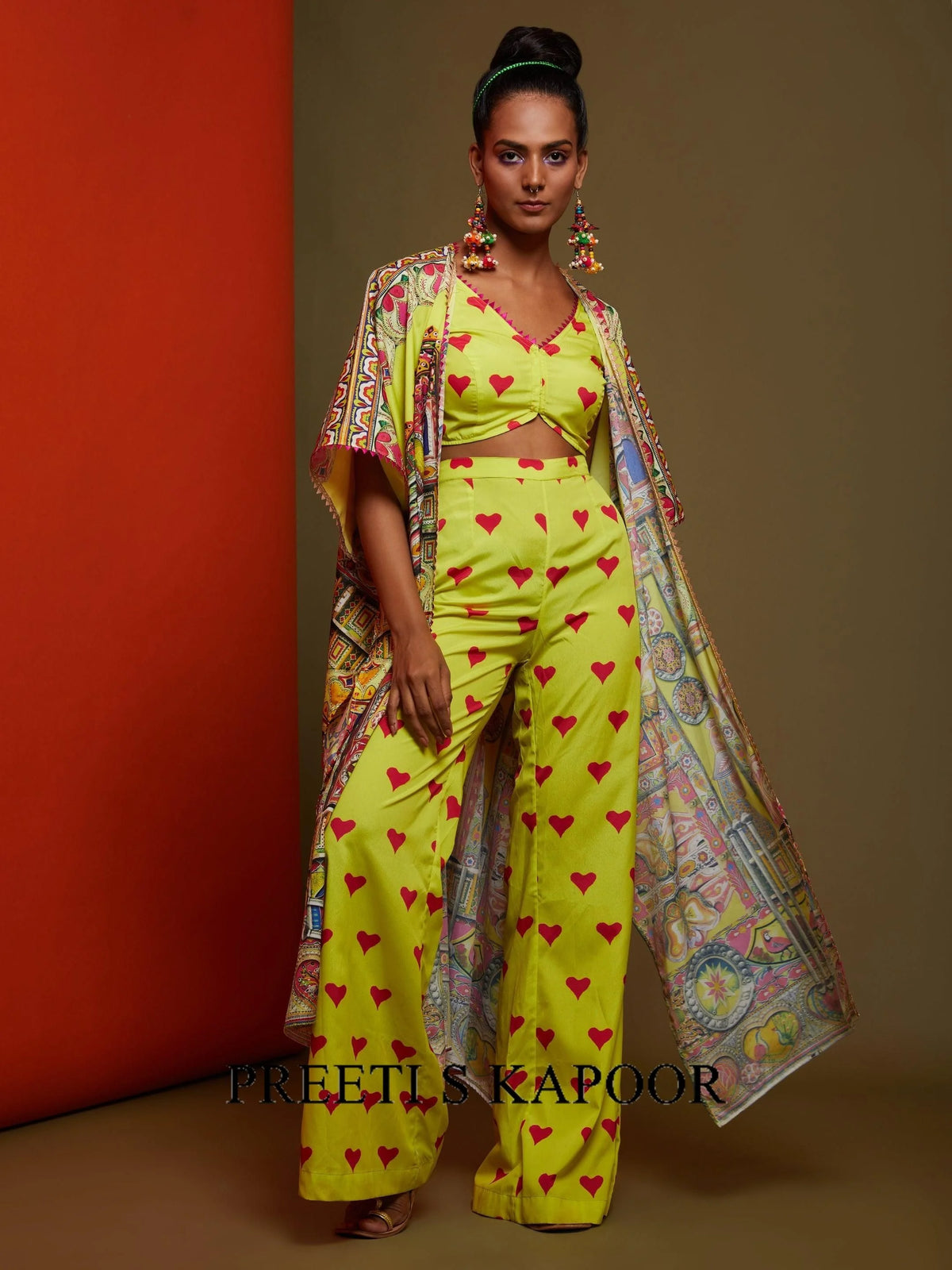 Printed Yellow Front Open Matching Top Pant & A Front Open Cape Set - Preeti S Kapoor