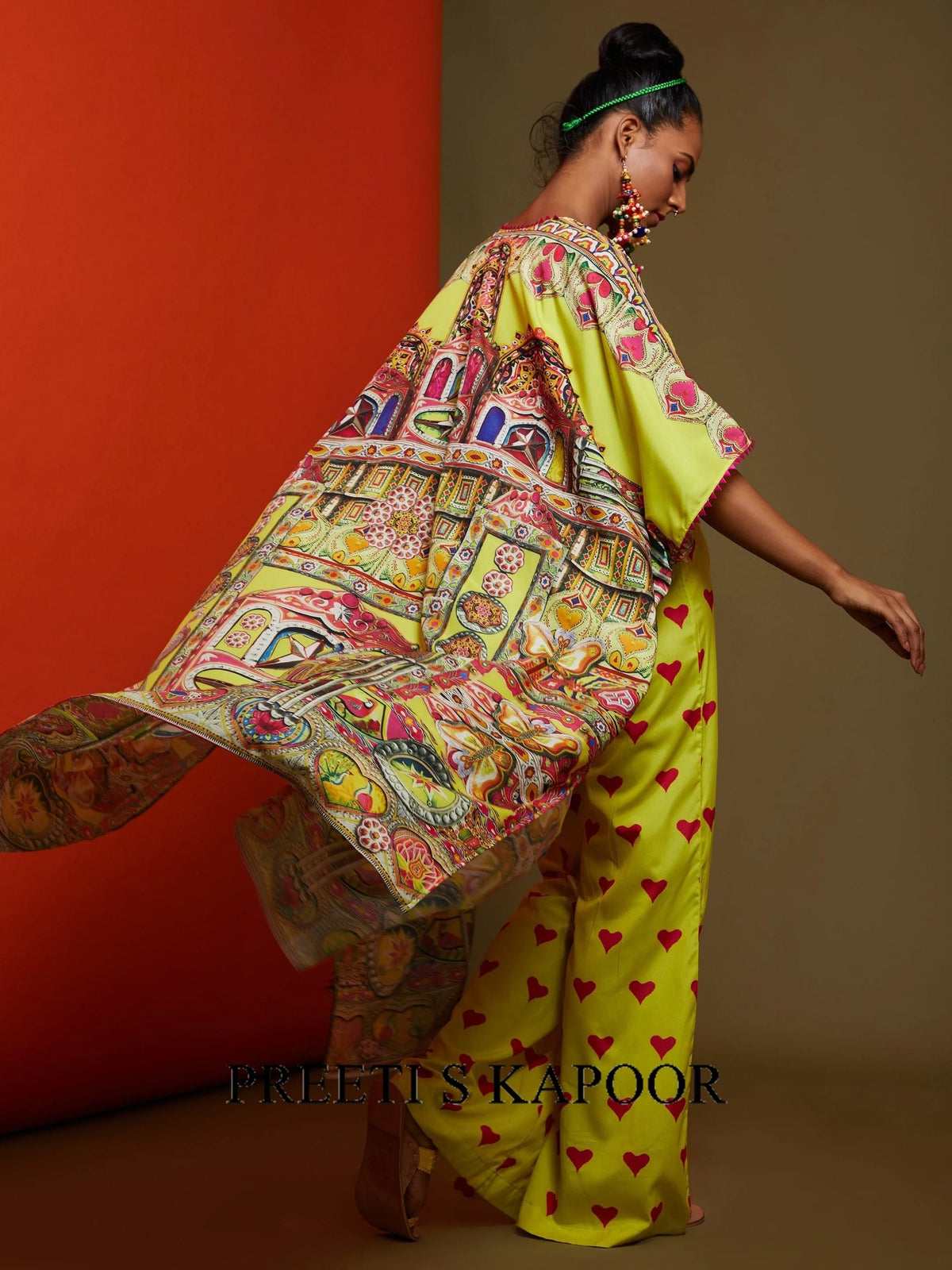 Printed Yellow Front Open Matching Top Pant & A Front Open Cape Set - Preeti S Kapoor