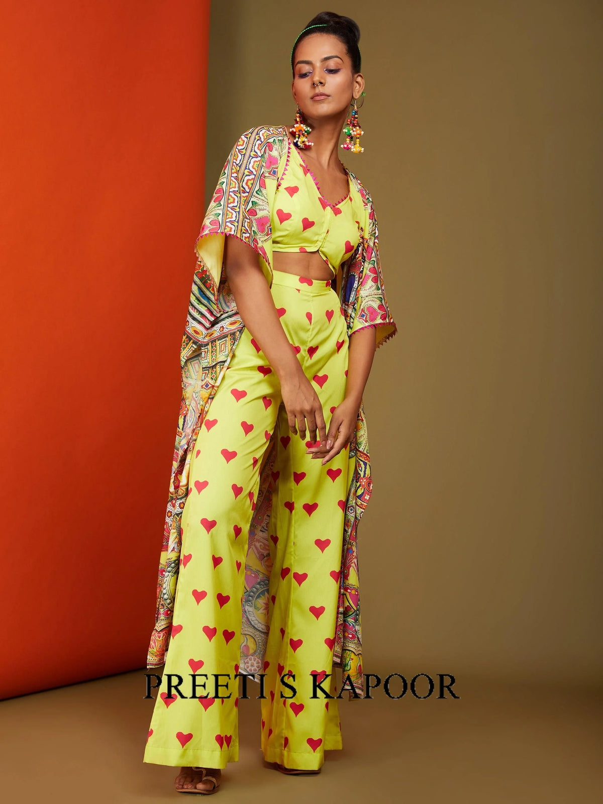 Printed Yellow Front Open Matching Top Pant & A Front Open Cape Set - Preeti S Kapoor
