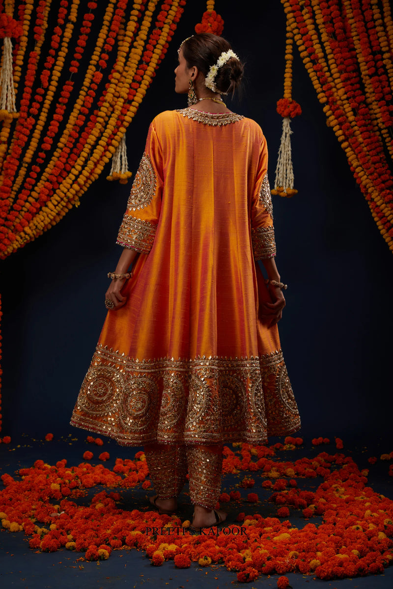 Marigold Orange embroidered Anarkali back view with flared silhouette – Preeti S Kapoor