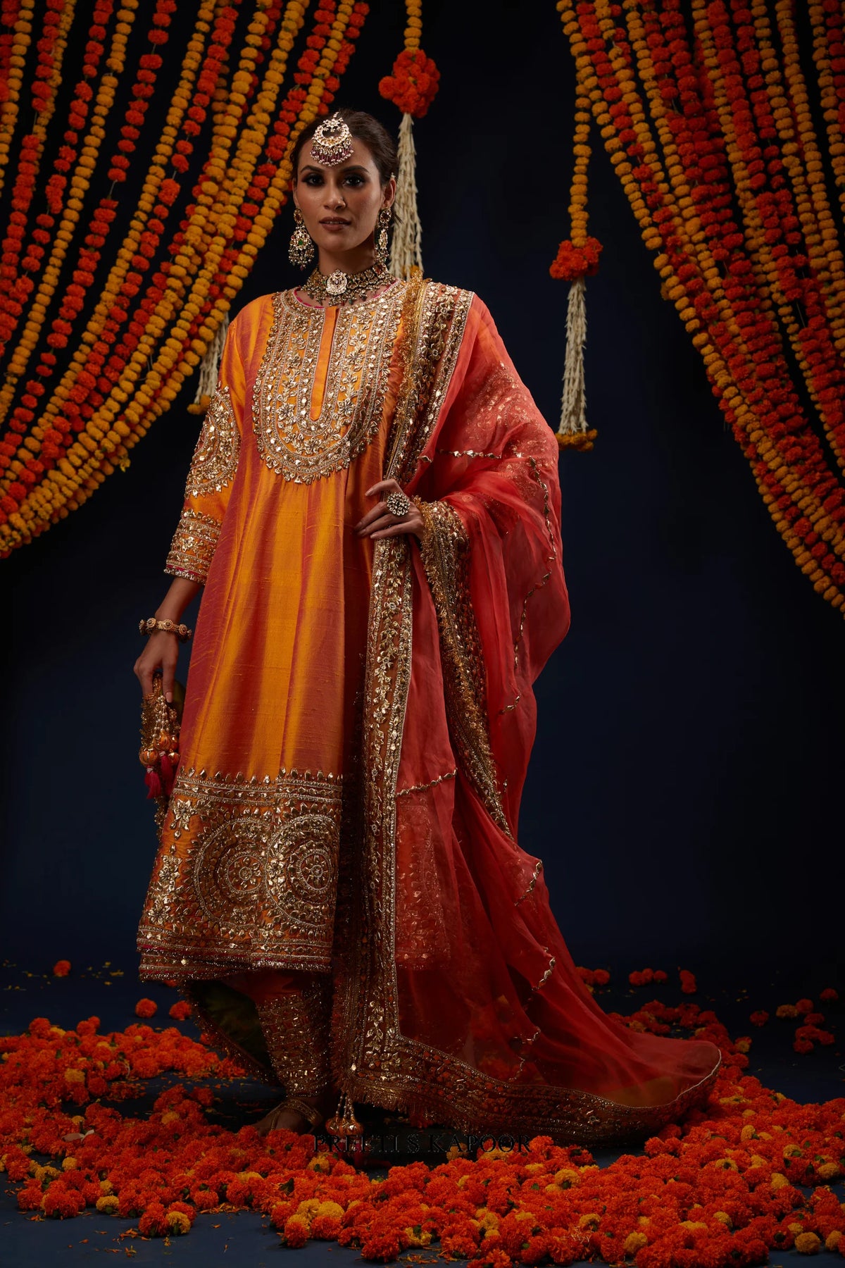 Marigold Orange raw silk Anarkali set styled with Rust Red organza dupatta – Preeti S Kapoor