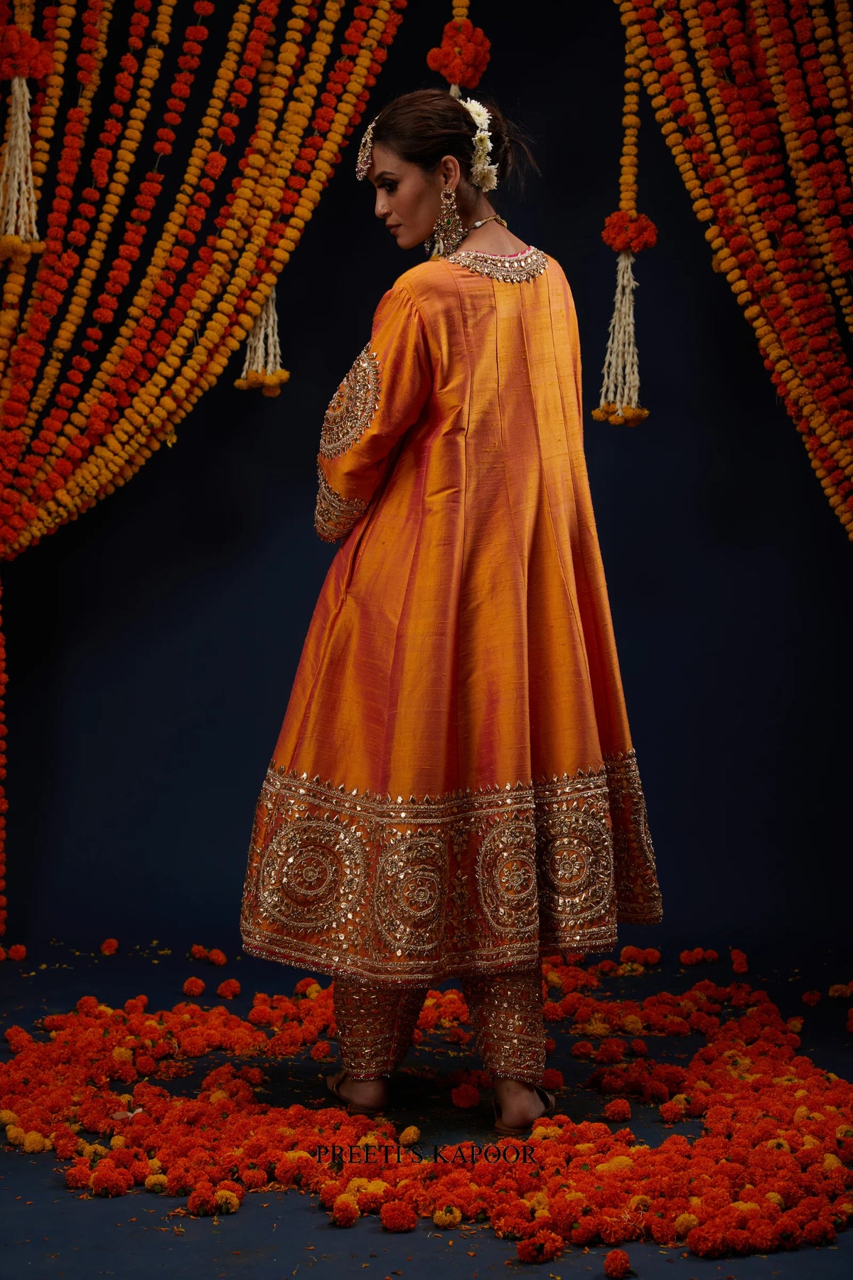 Marigold Orange embroidered kurta back and side profile view – Preeti S Kapoor