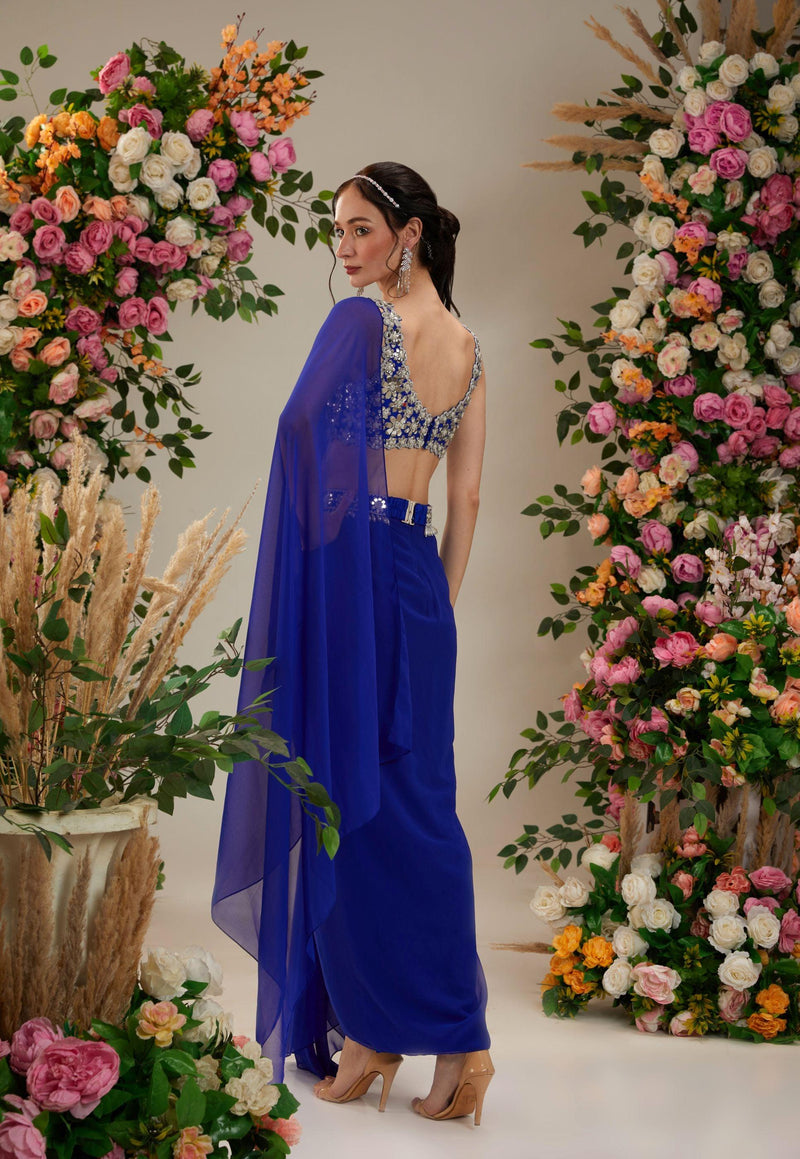 Cobalt Blue Dupion Blouse Georgette Saree - Preeti s kapoor