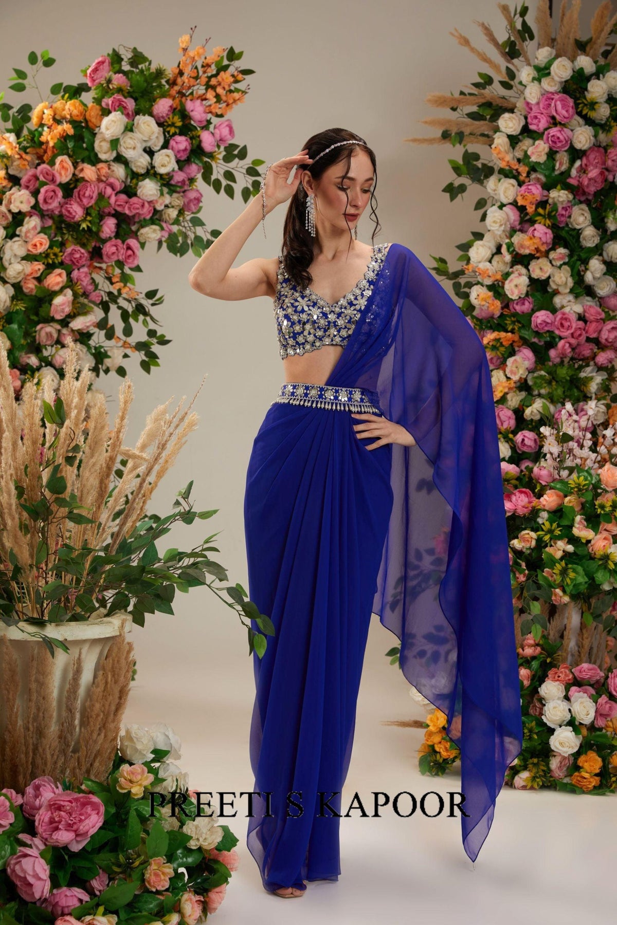 Cobalt Blue Dupion Blouse Georgette Saree
