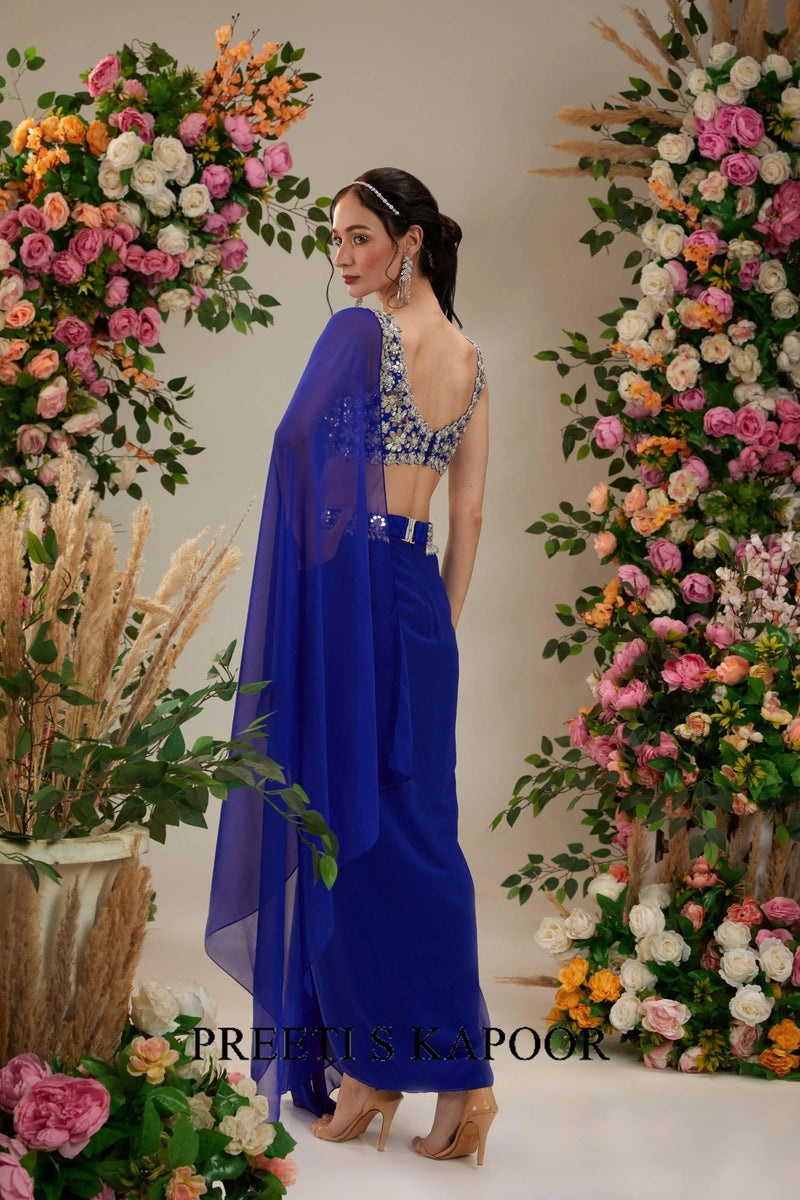 Cobalt Blue Dupion Blouse Georgette Saree - Preeti S Kapoor