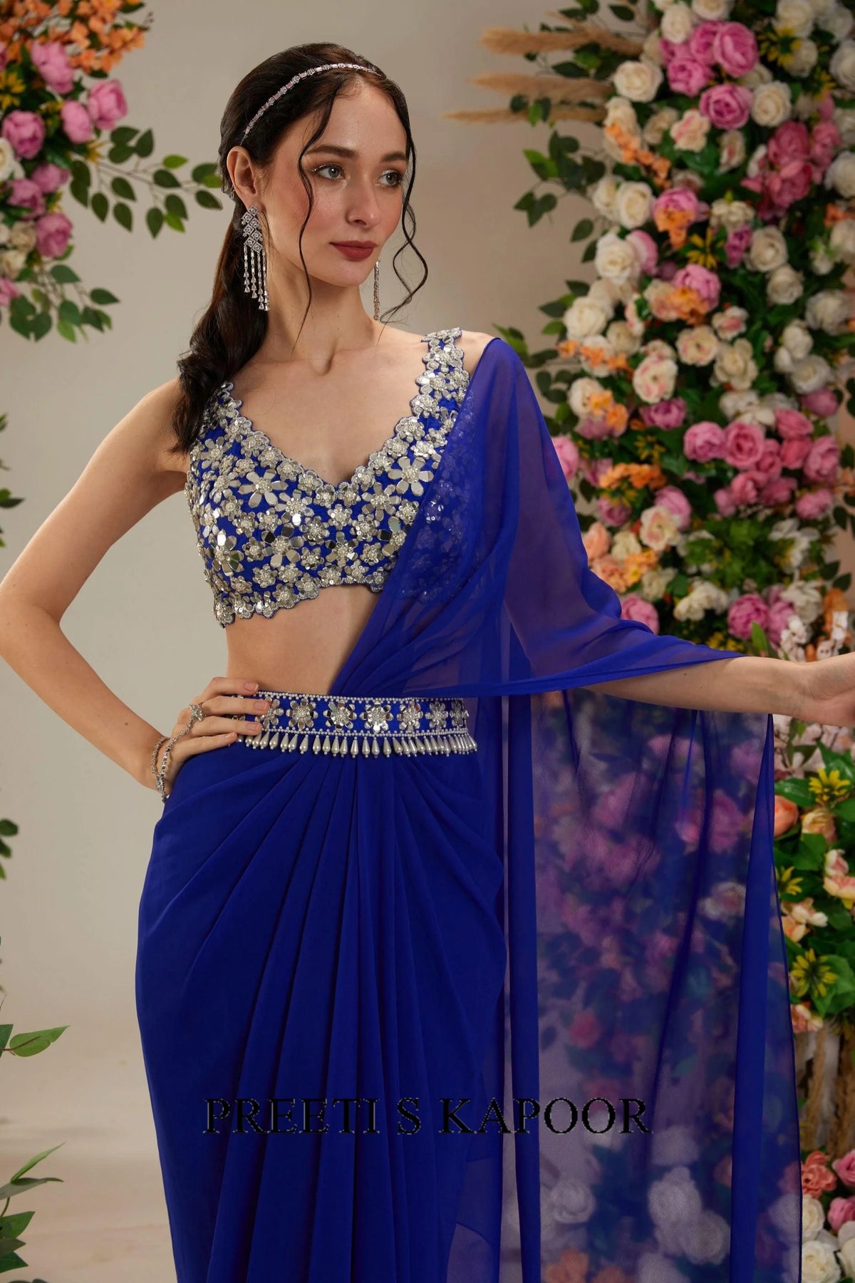 Cobalt Blue Dupion Blouse Georgette Saree - Preeti S Kapoor