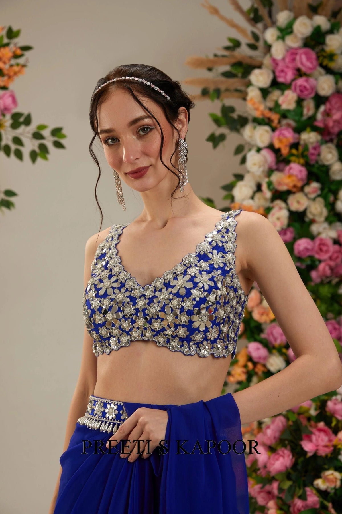 Cobalt Blue Dupion Blouse Georgette Saree - Preeti S Kapoor