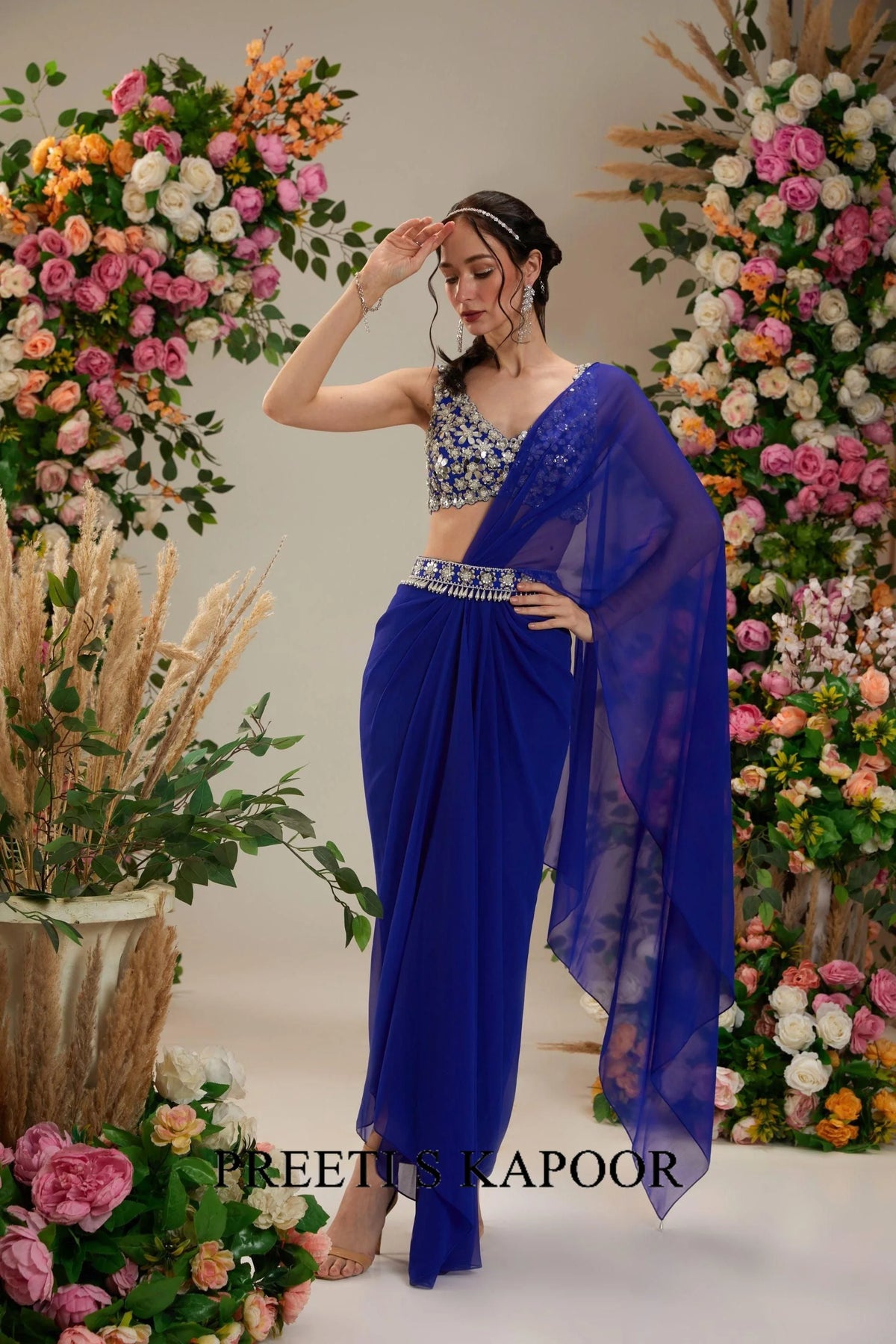 Cobalt Blue Dupion Blouse Georgette Saree - Preeti S Kapoor