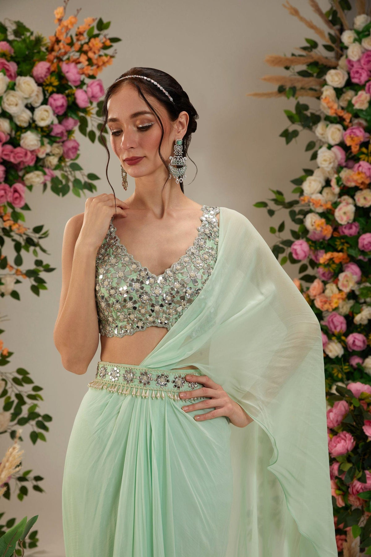 Pista Green Dupion Blouse Georgette Saree - Preeti s kapoor