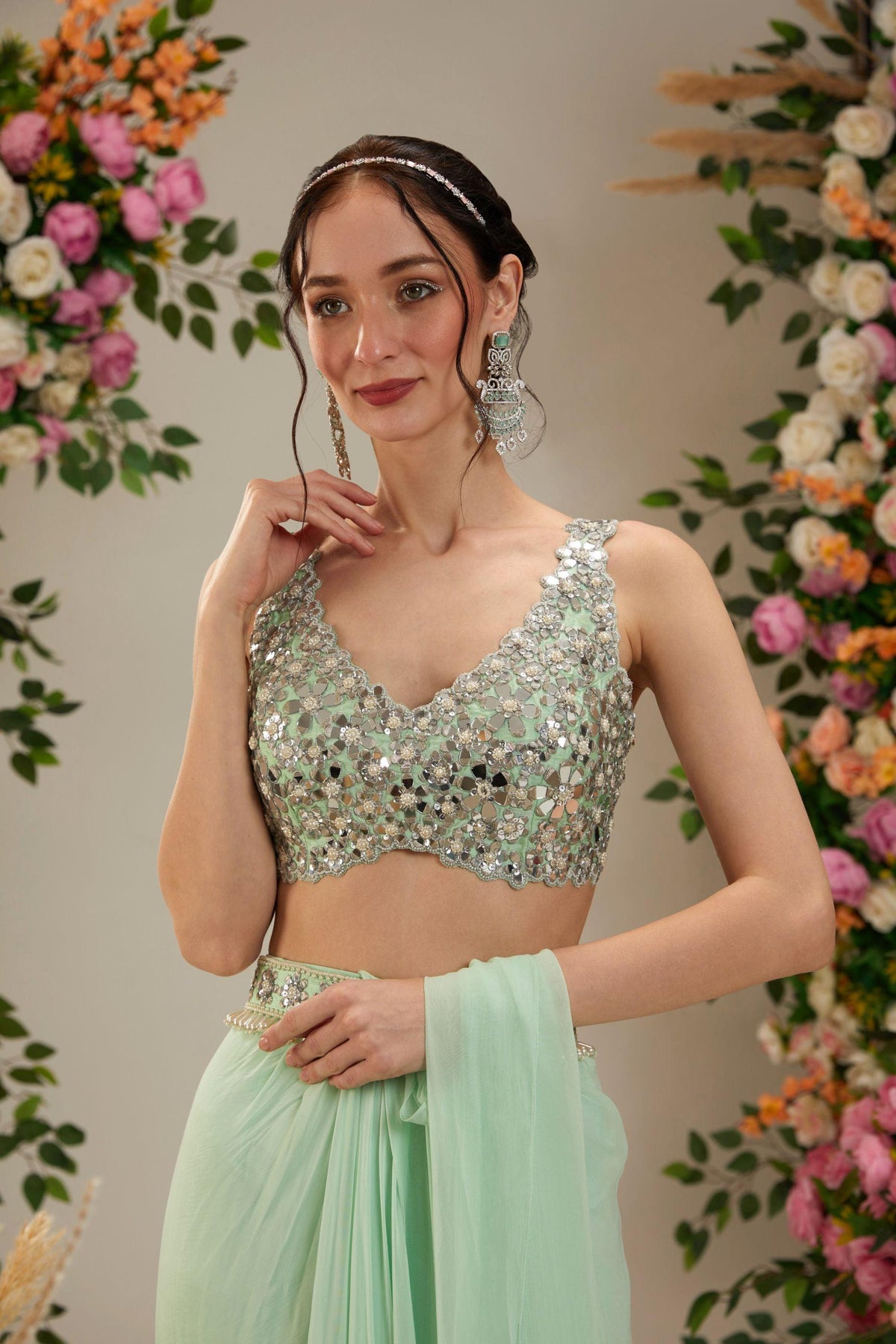 Pista Green Dupion Blouse Georgette Saree - Preeti s kapoor