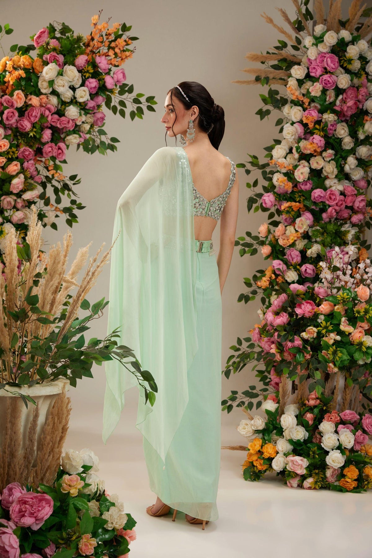 Pista Green Dupion Blouse Georgette Saree - Preeti s kapoor