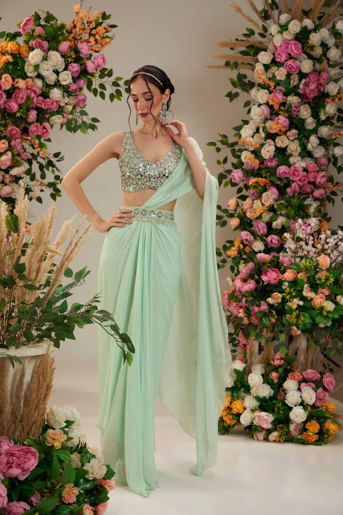Pista Green Dupion Blouse Georgette Saree - Preeti s kapoor