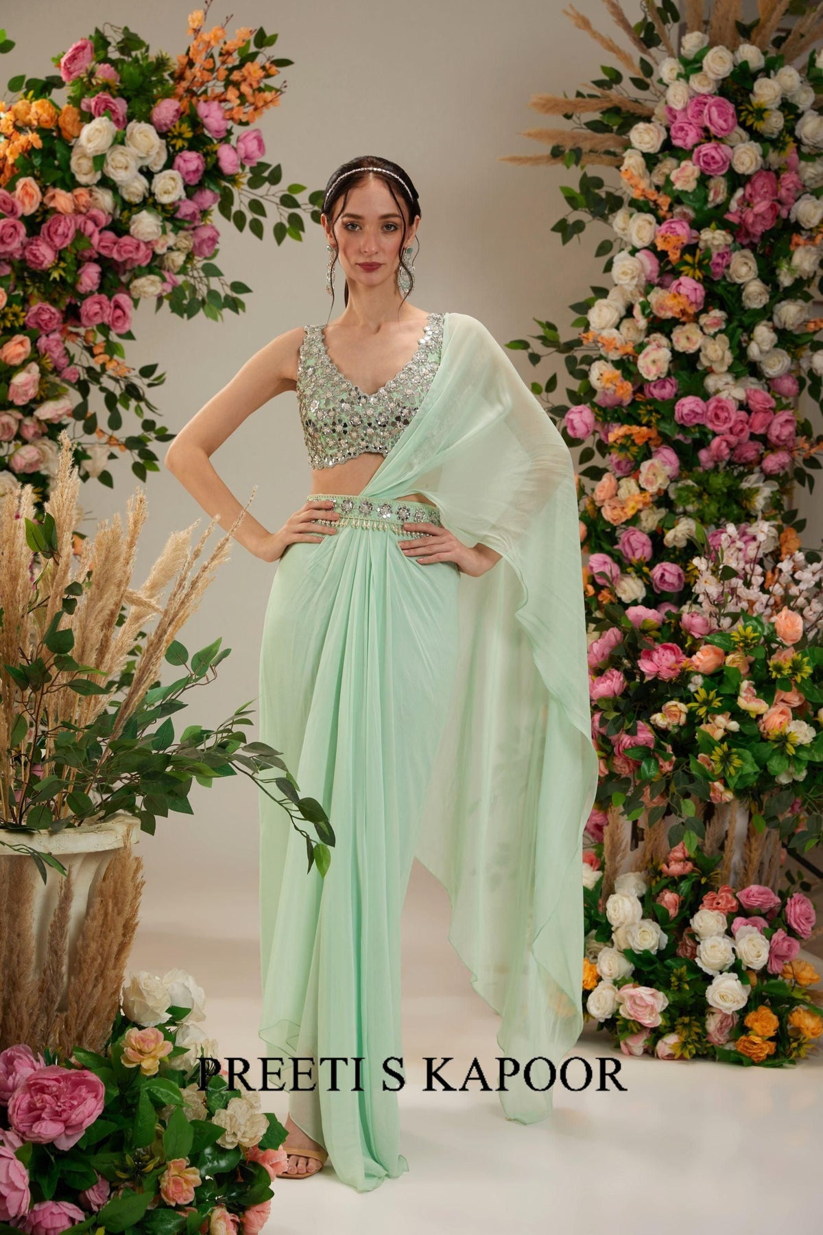 Pista Green Dupion Blouse Georgette Saree