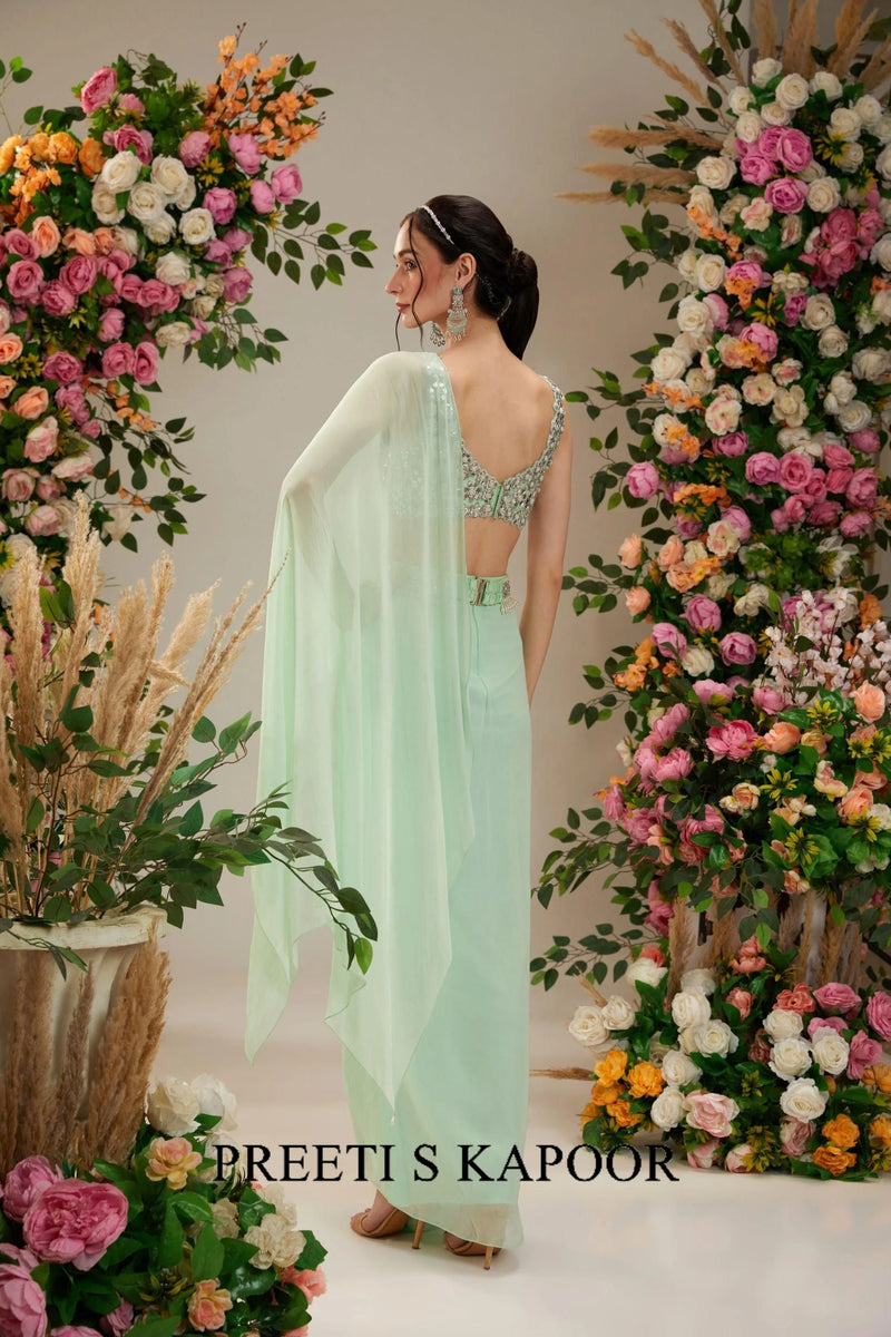 Pista Green Dupion Blouse Georgette Saree - Preeti S Kapoor