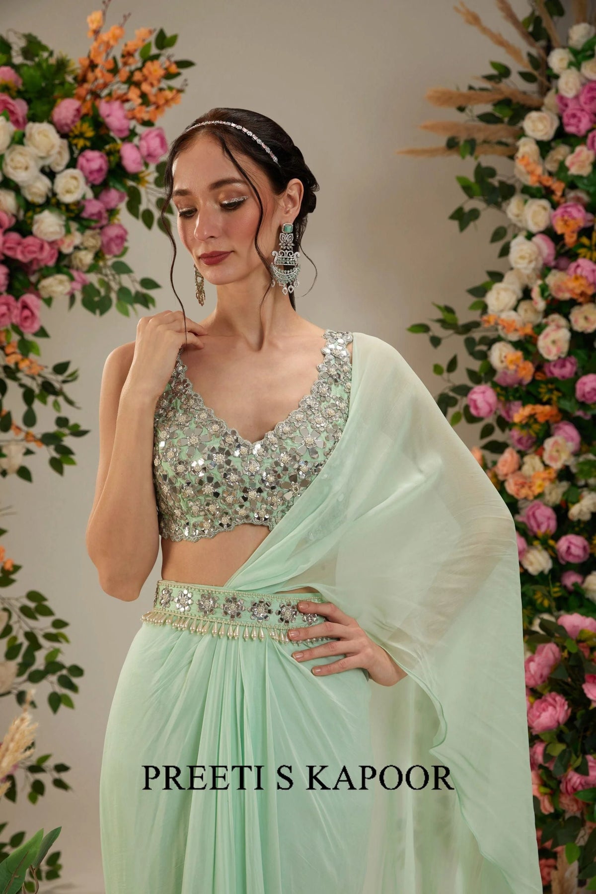 Pista Green Dupion Blouse Georgette Saree - Preeti S Kapoor