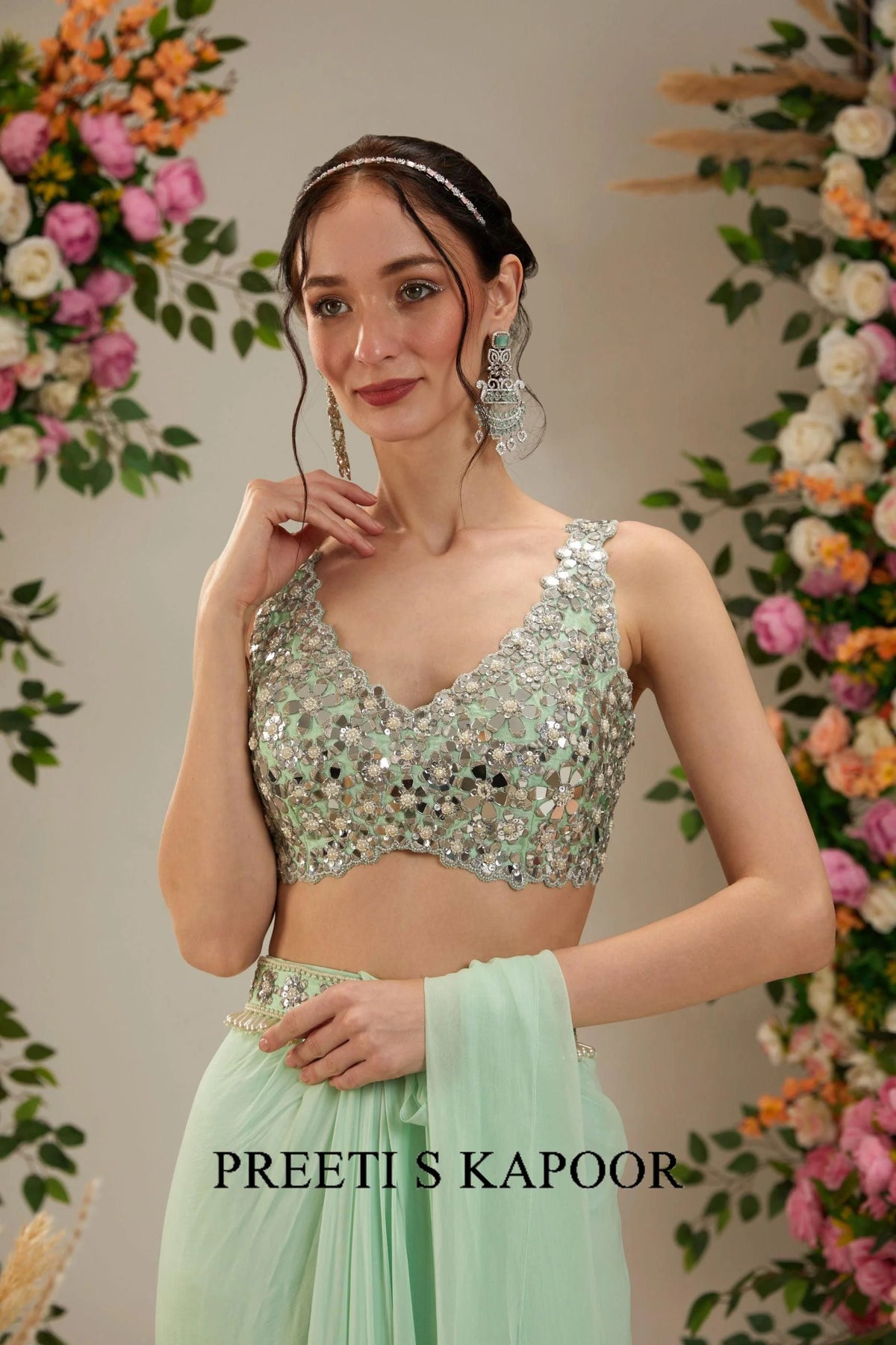 Pista Green Dupion Blouse Georgette Saree - Preeti S Kapoor