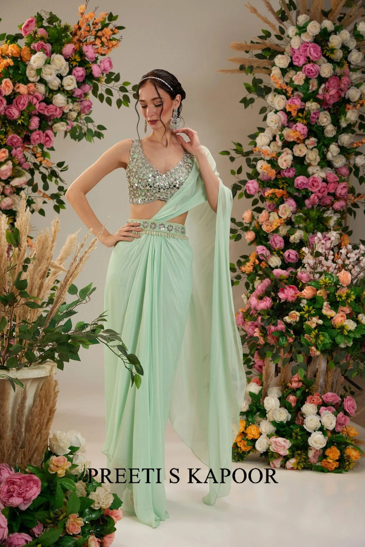 Pista Green Dupion Blouse Georgette Saree - Preeti S Kapoor
