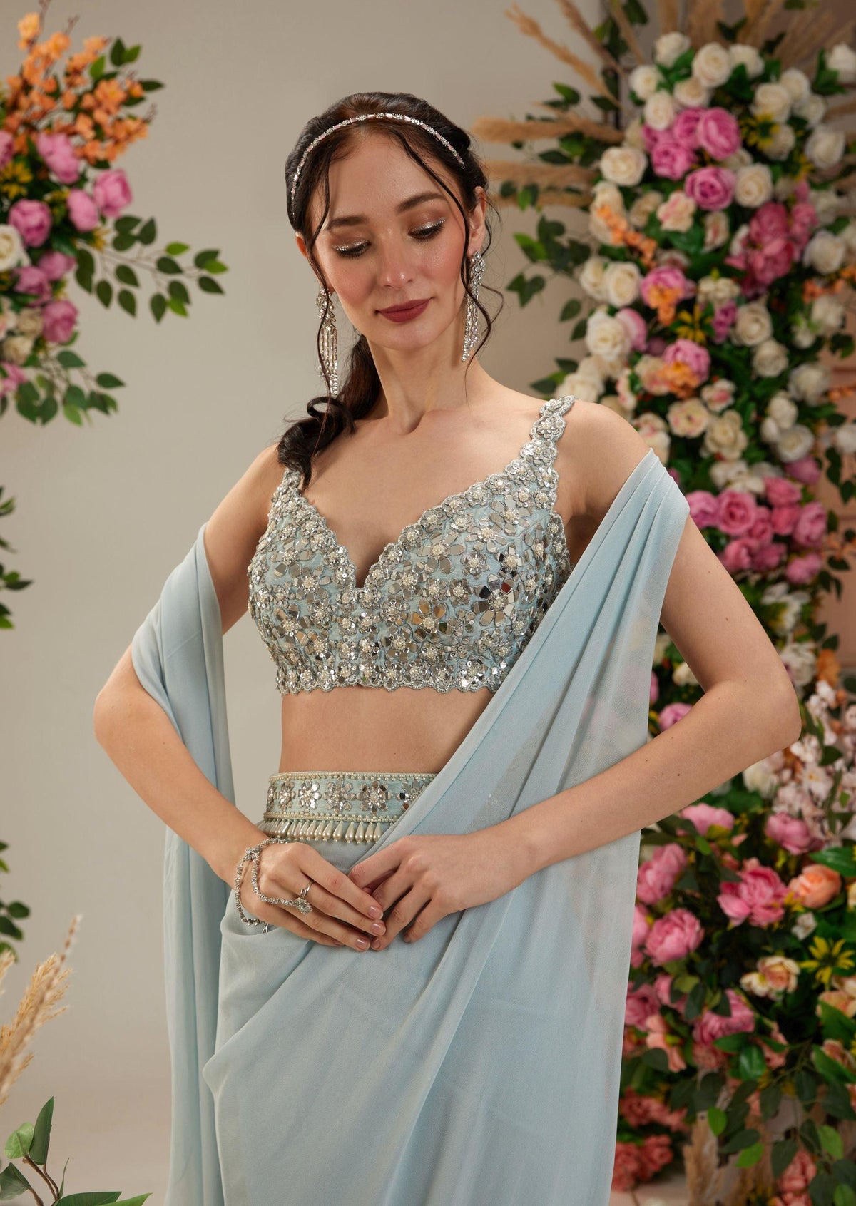 Ice Blue Dupion Blouse Georgette Saree - Preeti s kapoor