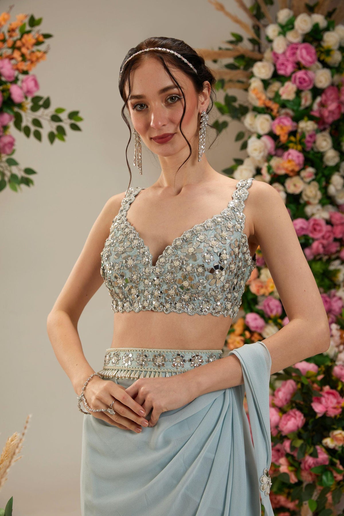 Ice Blue Dupion Blouse Georgette Saree - Preeti s kapoor