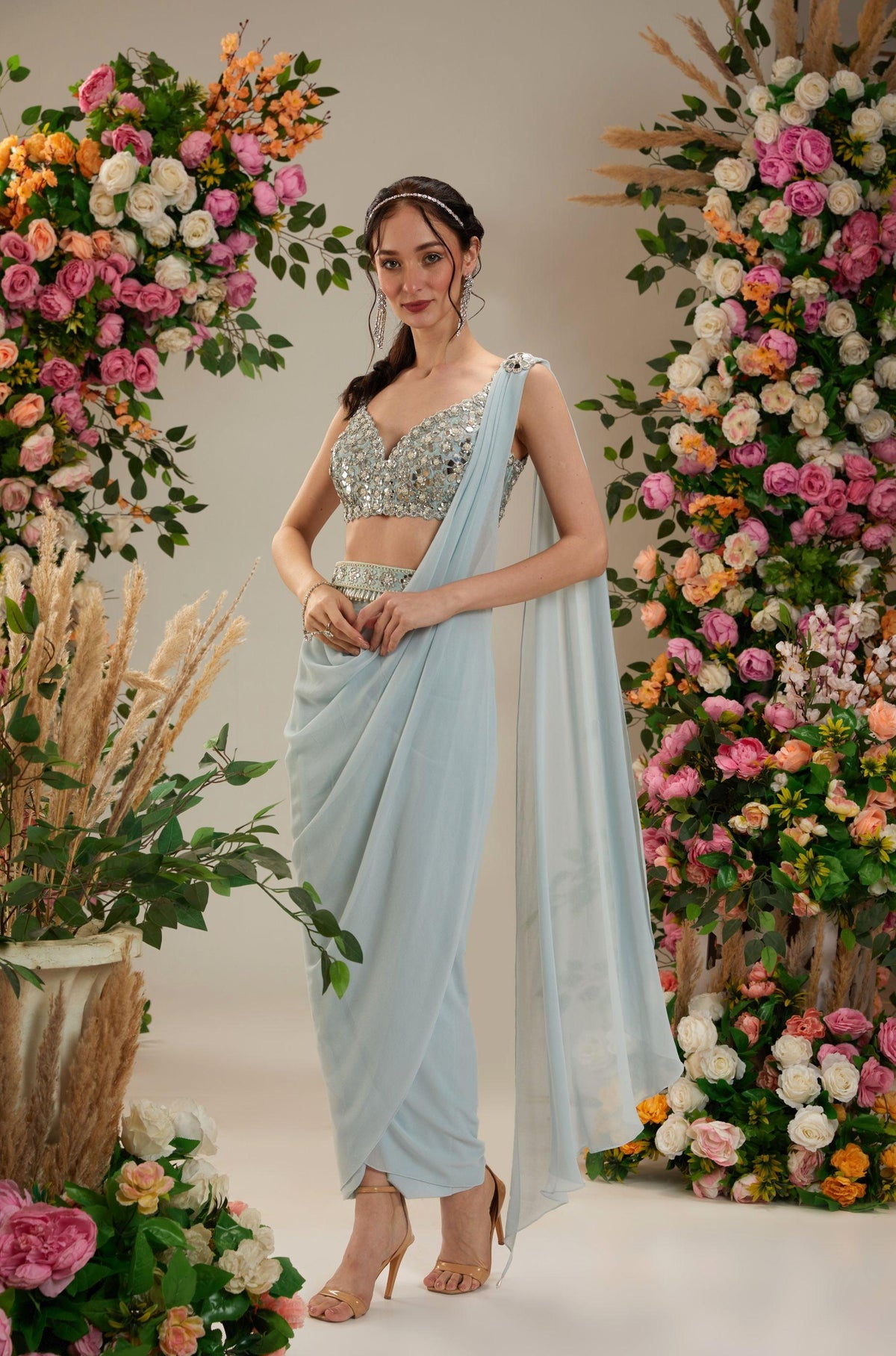 Ice Blue Dupion Blouse Georgette Saree - Preeti s kapoor