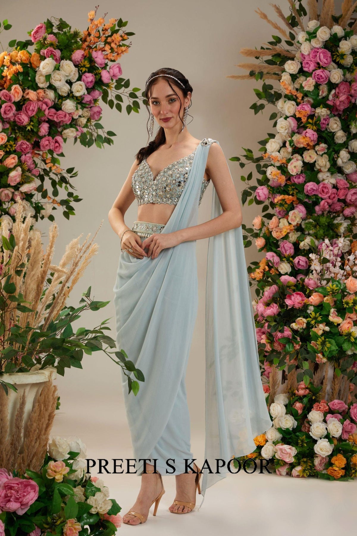 Ice Blue Dupion Blouse Georgette Saree