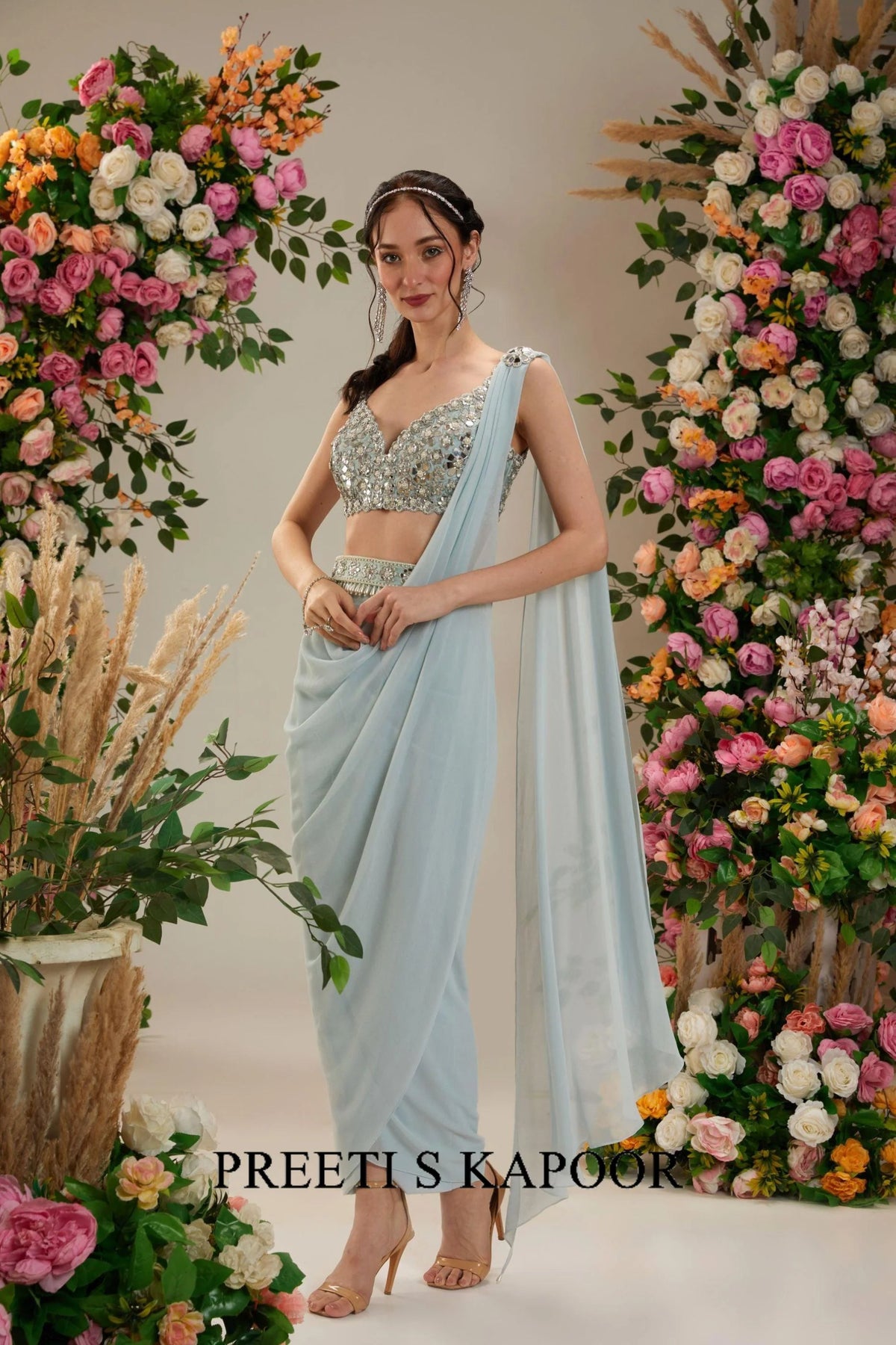 Ice Blue Dupion Blouse Georgette Saree - Preeti S Kapoor
