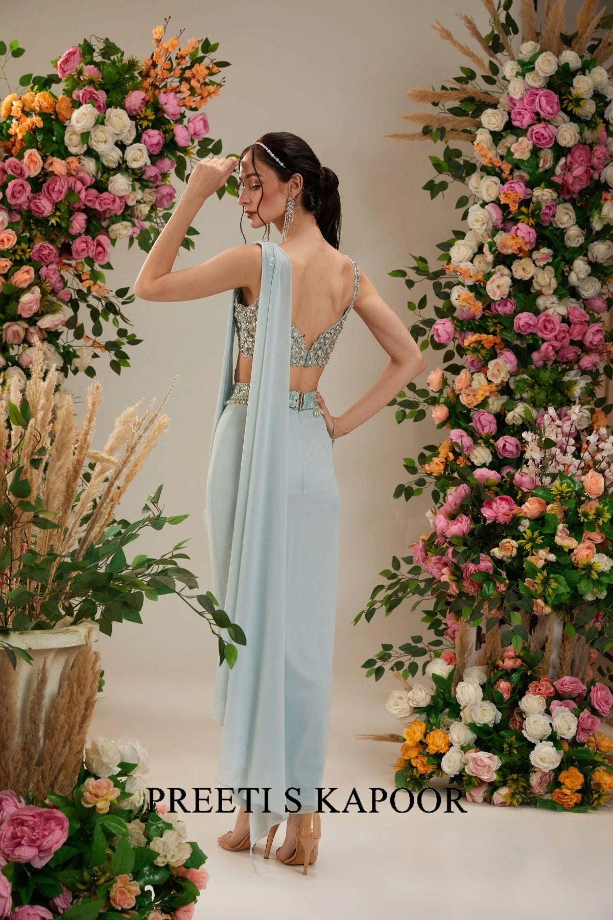 Ice Blue Dupion Blouse Georgette Saree - Preeti S Kapoor