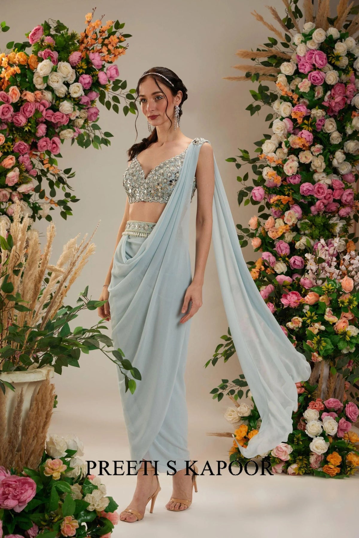 Ice Blue Dupion Blouse Georgette Saree - Preeti S Kapoor