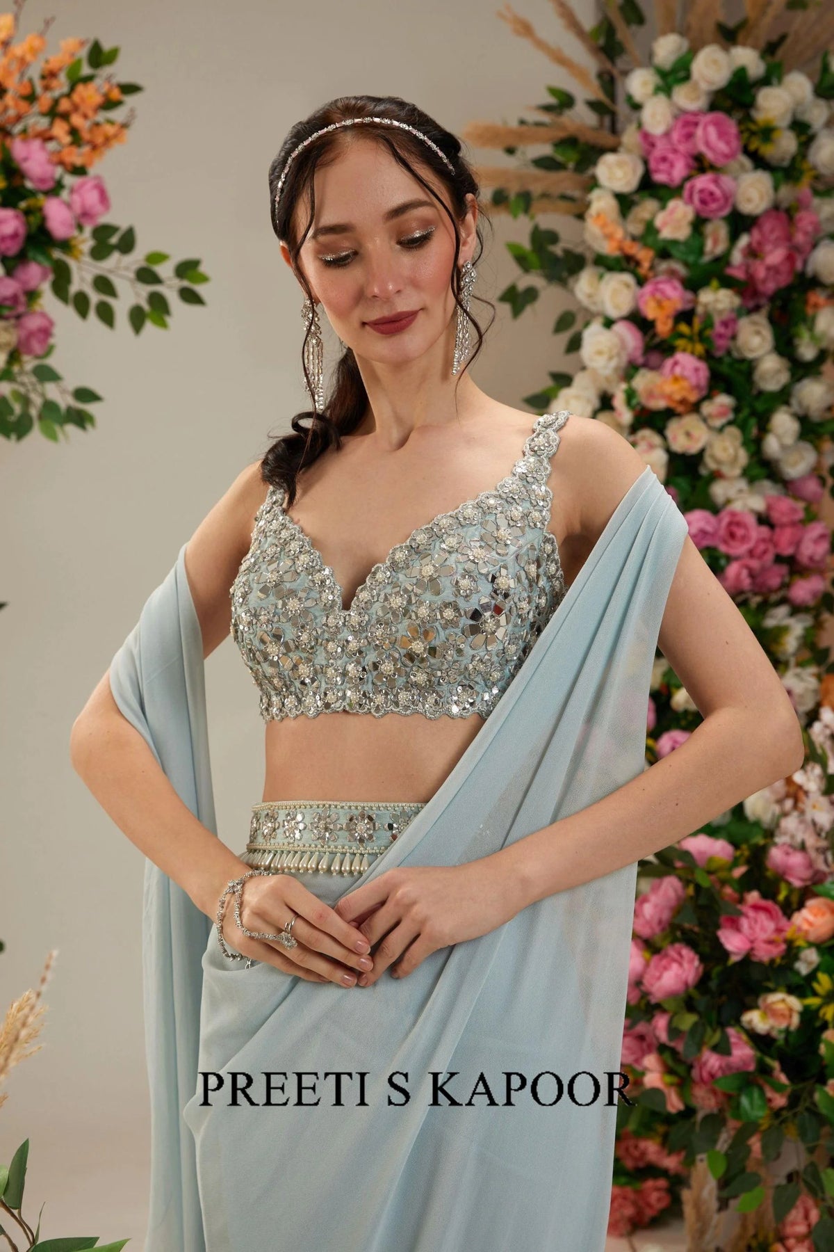 Ice Blue Dupion Blouse Georgette Saree - Preeti S Kapoor