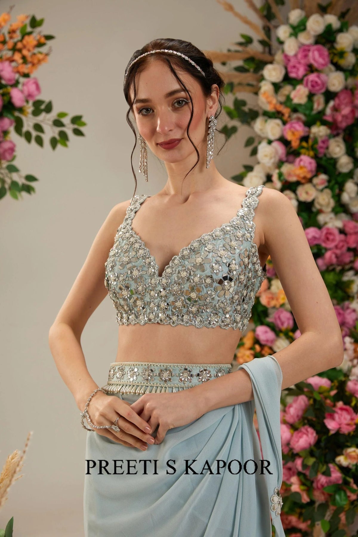 Ice Blue Dupion Blouse Georgette Saree - Preeti S Kapoor