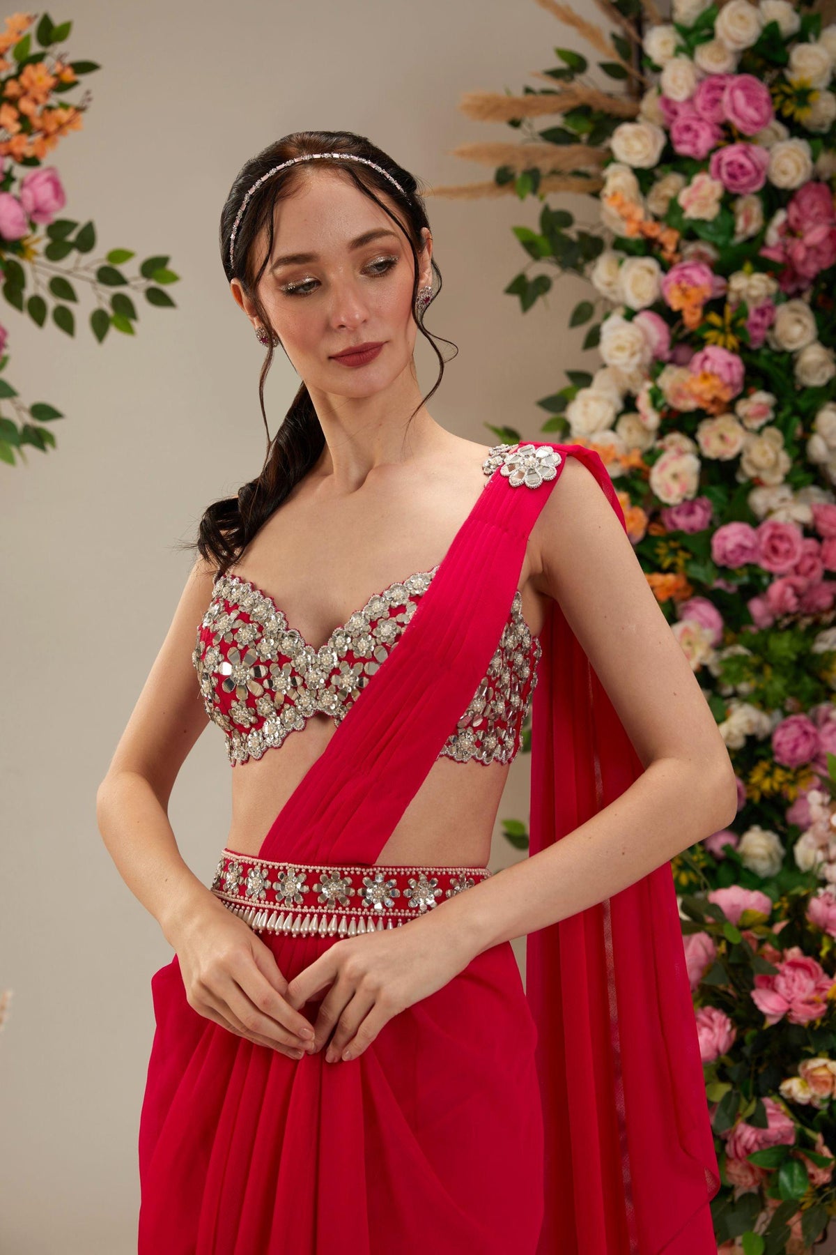 Hot Pink Dupion Blouse Georgette saree - Preeti s kapoor